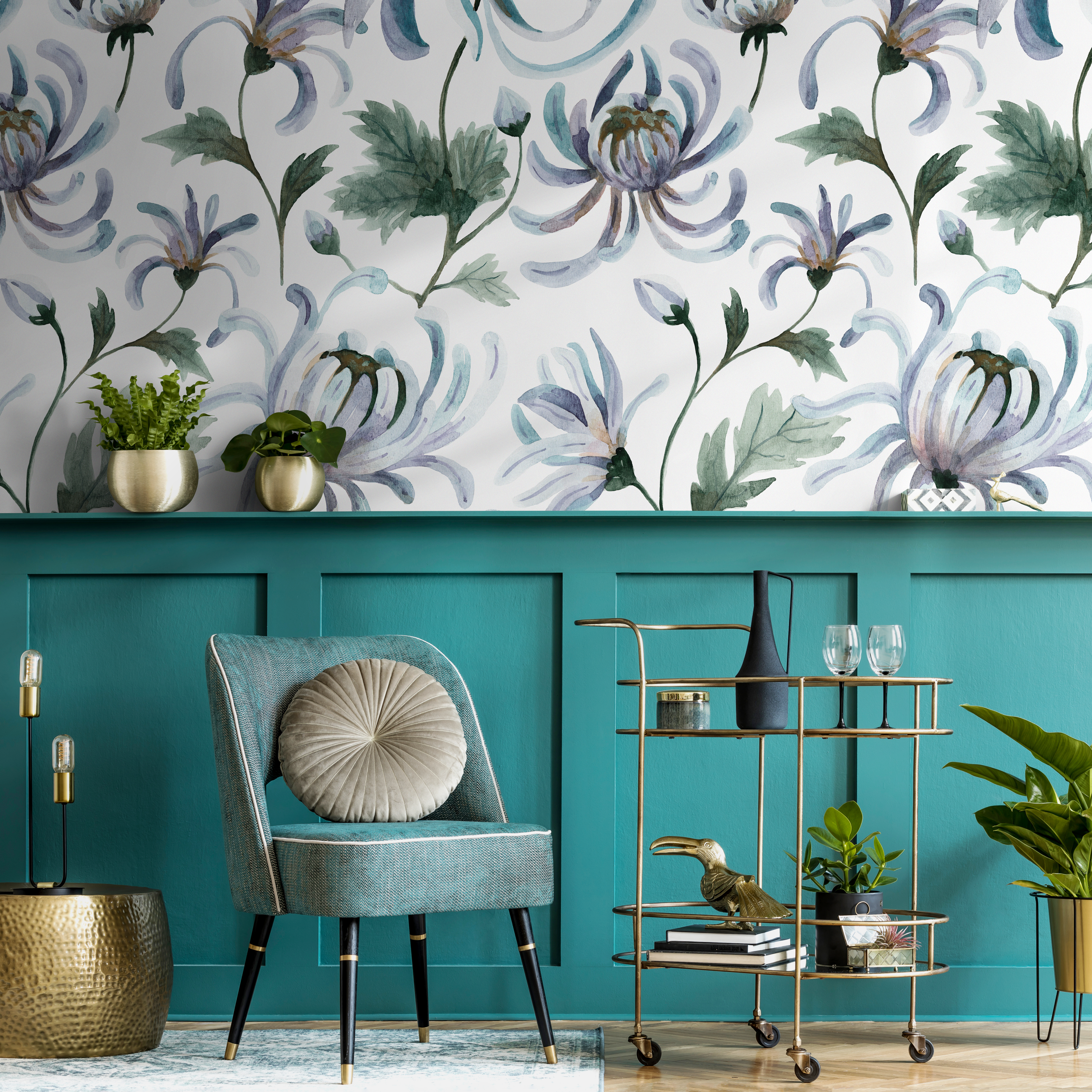 Floral Wallpaper Featuring Watercolor Chrysanthemums In Blue, Purple, And Green - C957