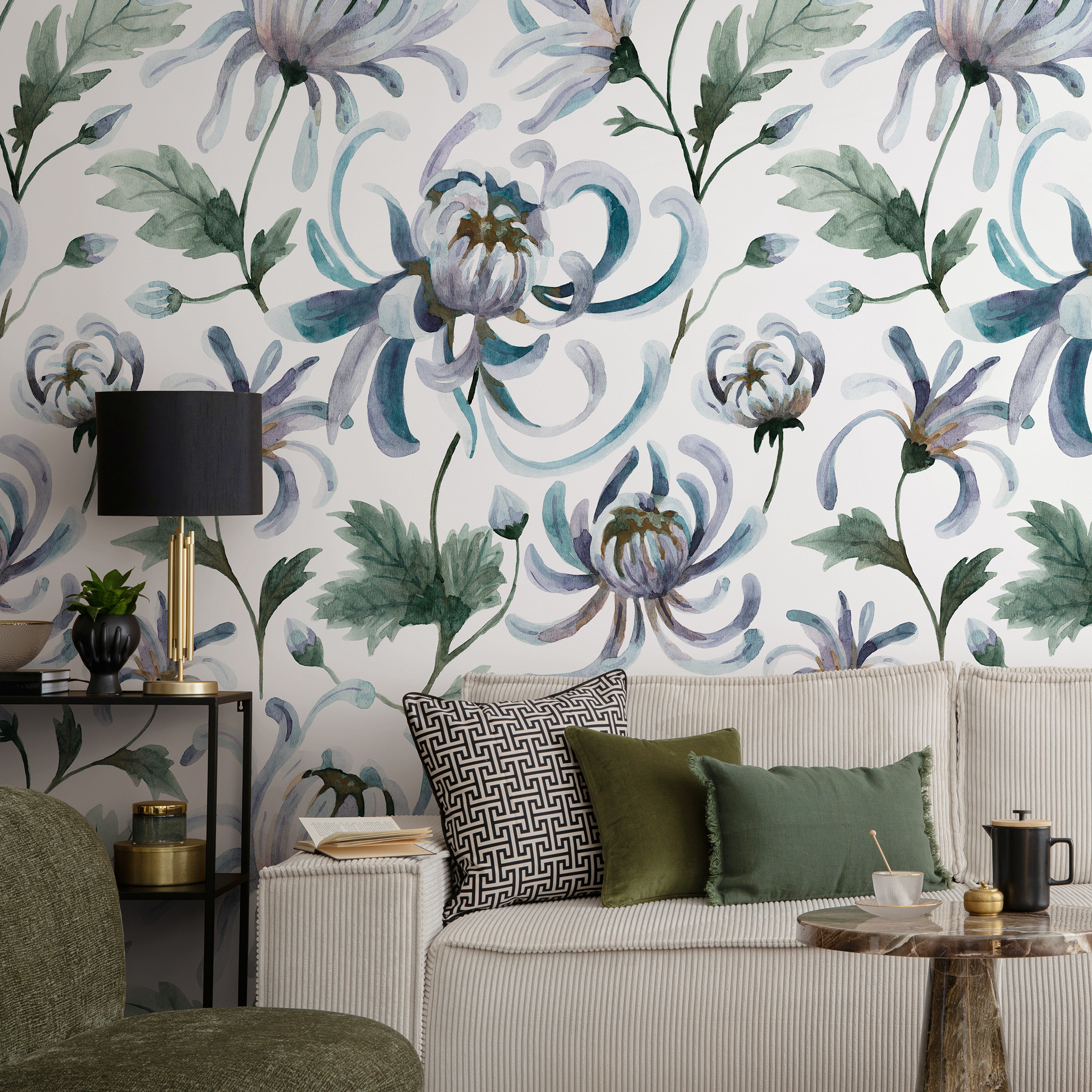 Floral Wallpaper Featuring Watercolor Chrysanthemums In Blue, Purple, And Green - C957