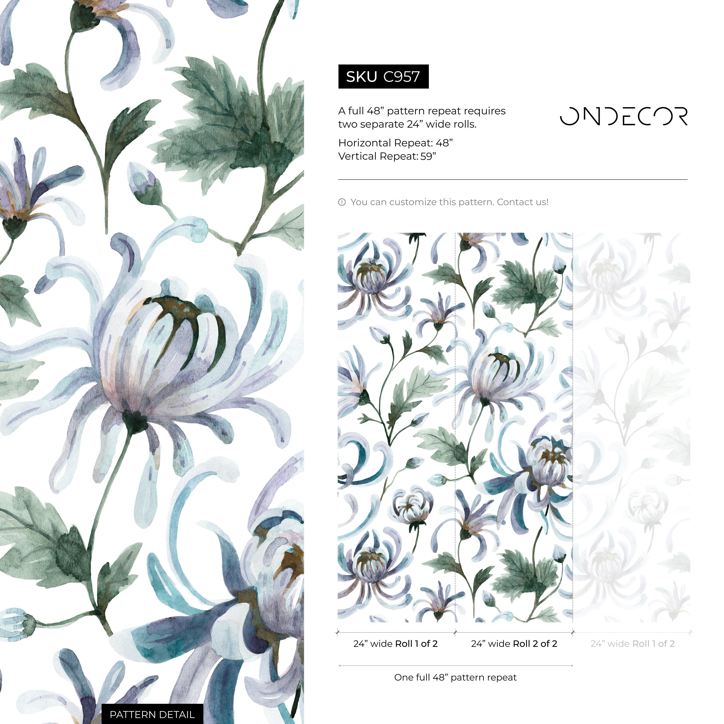 Floral Wallpaper Featuring Watercolor Chrysanthemums In Blue, Purple, And Green - C957