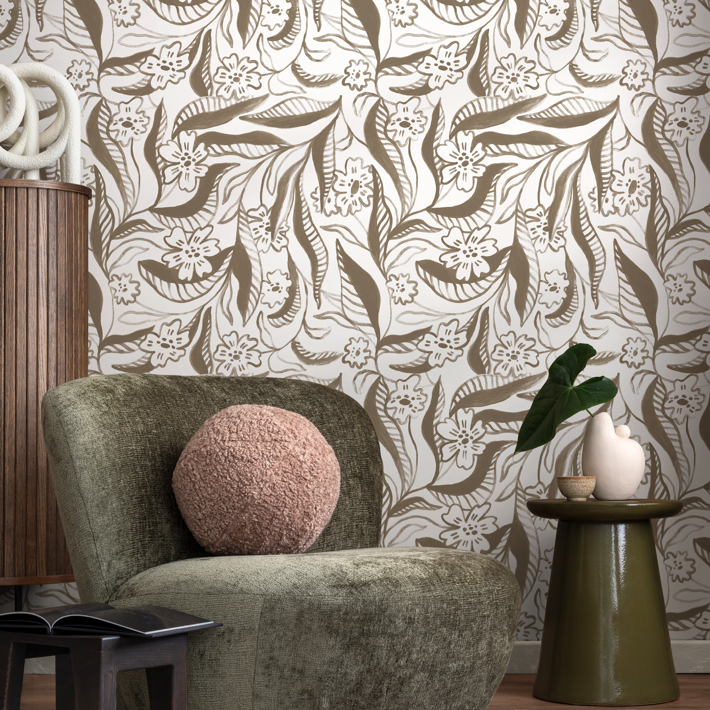 Floral Wallpaper Featuring Brushed Floral Vines In Beige And Brown - C959