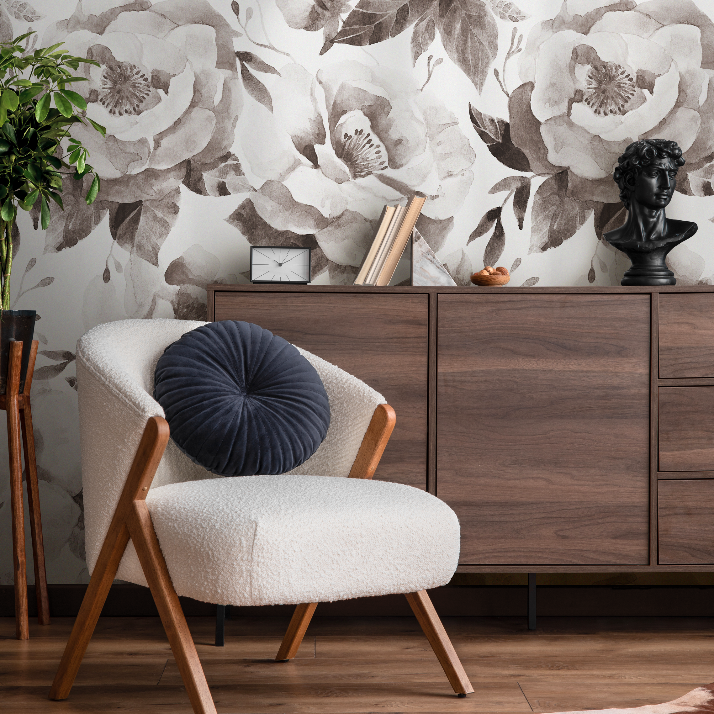 Floral Wallpaper With A Watercolor Peony Motif In Tan And Brown - C960
