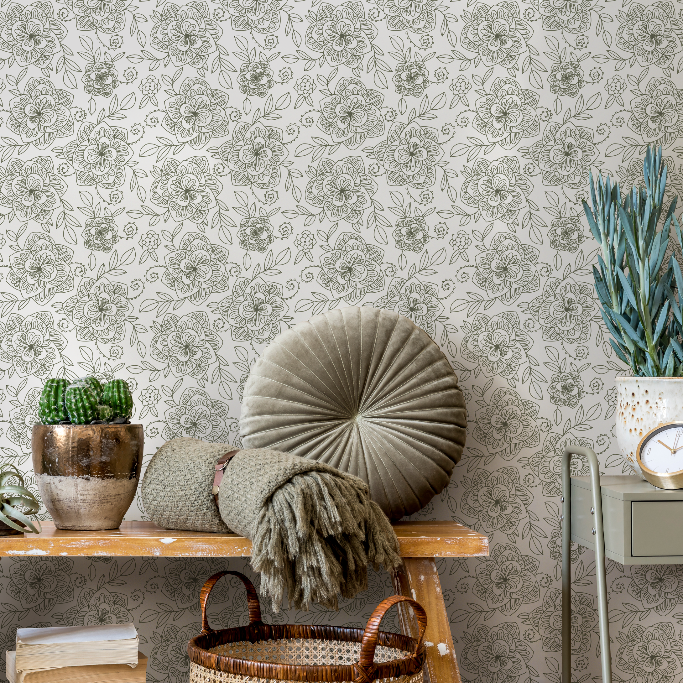 Boho Floral Wallpaper With Intricate Line Art In Sage Green - C961