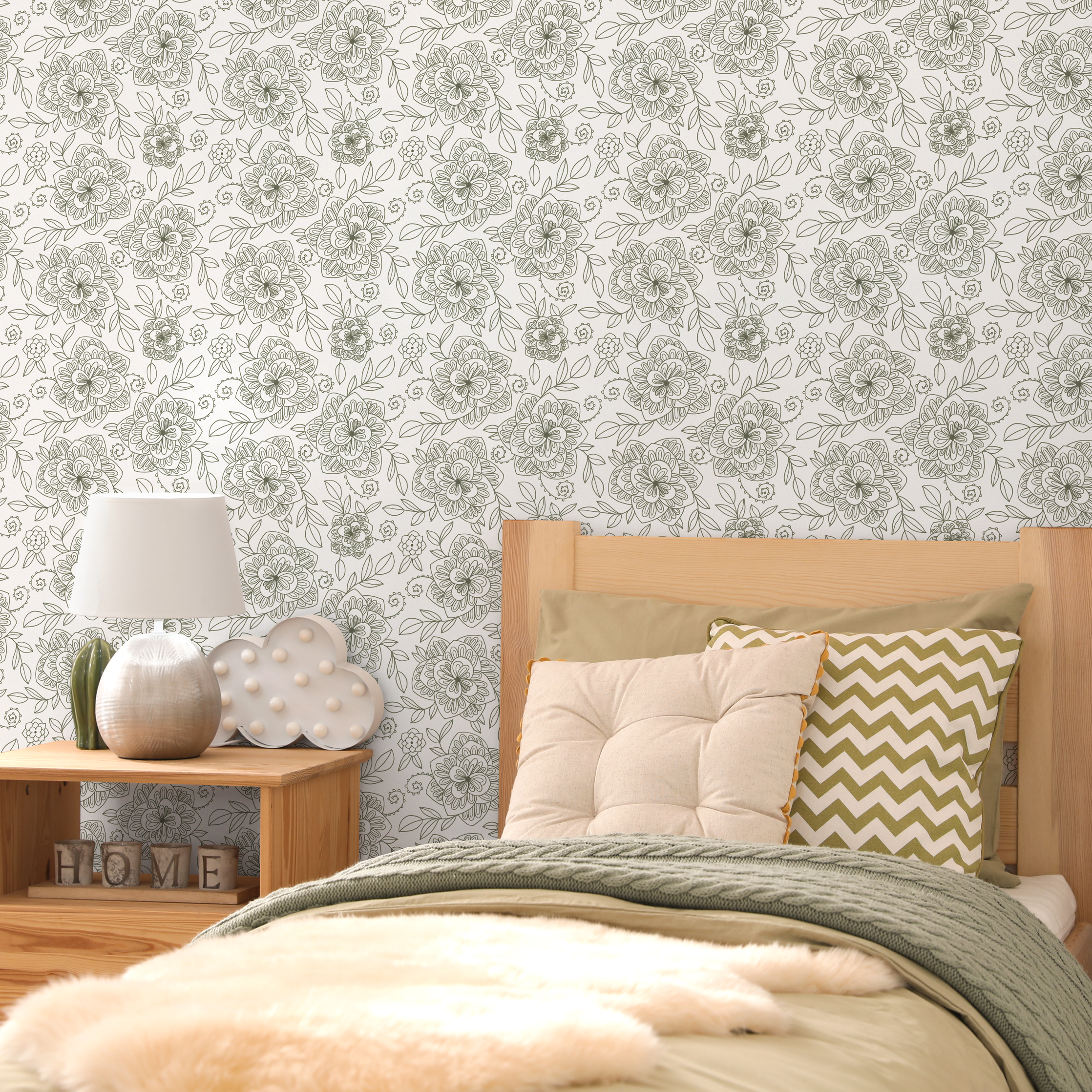 Boho Floral Wallpaper With Intricate Line Art In Sage Green - C961