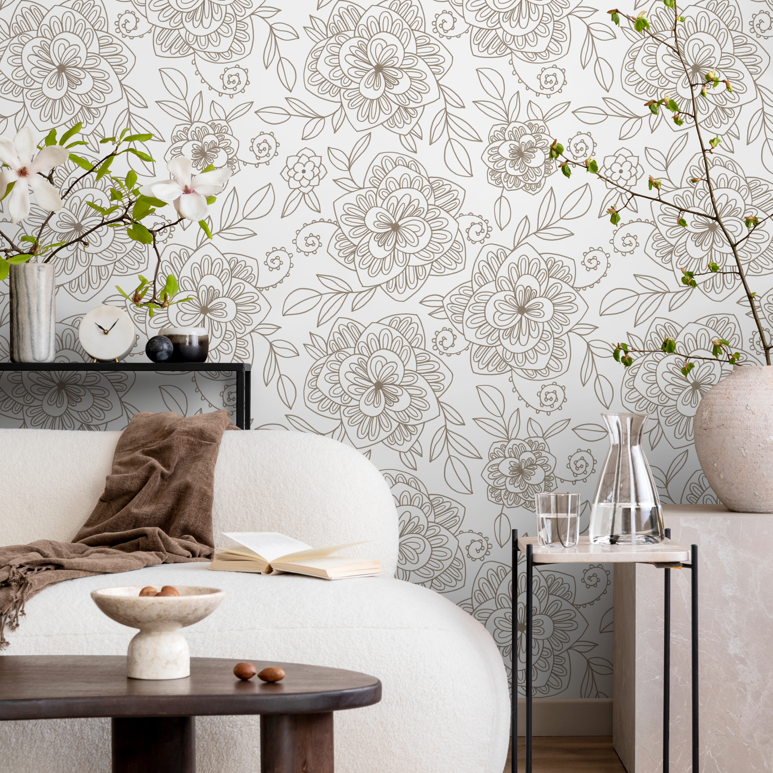 Boho Wallpaper With A Delicate Floral Line Art In Beige - C962