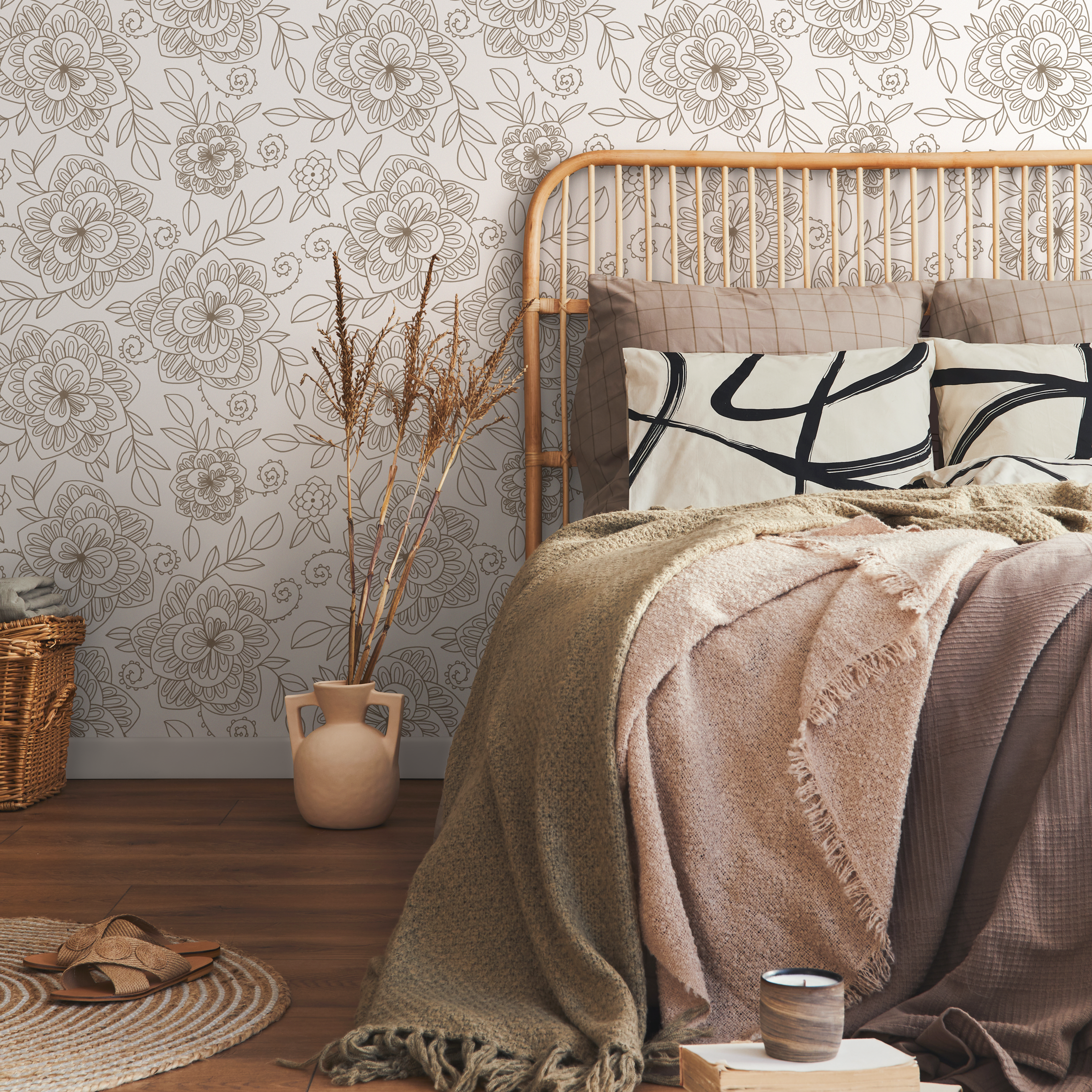 Boho Wallpaper With A Delicate Floral Line Art In Beige - C962