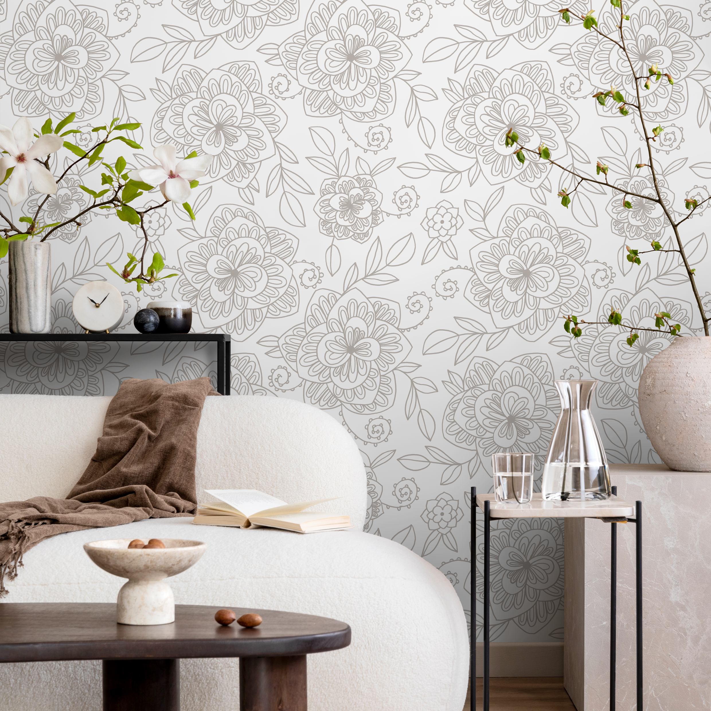 Floral Wallpaper Featuring Stylized Floral Linework In Taupe - C963
