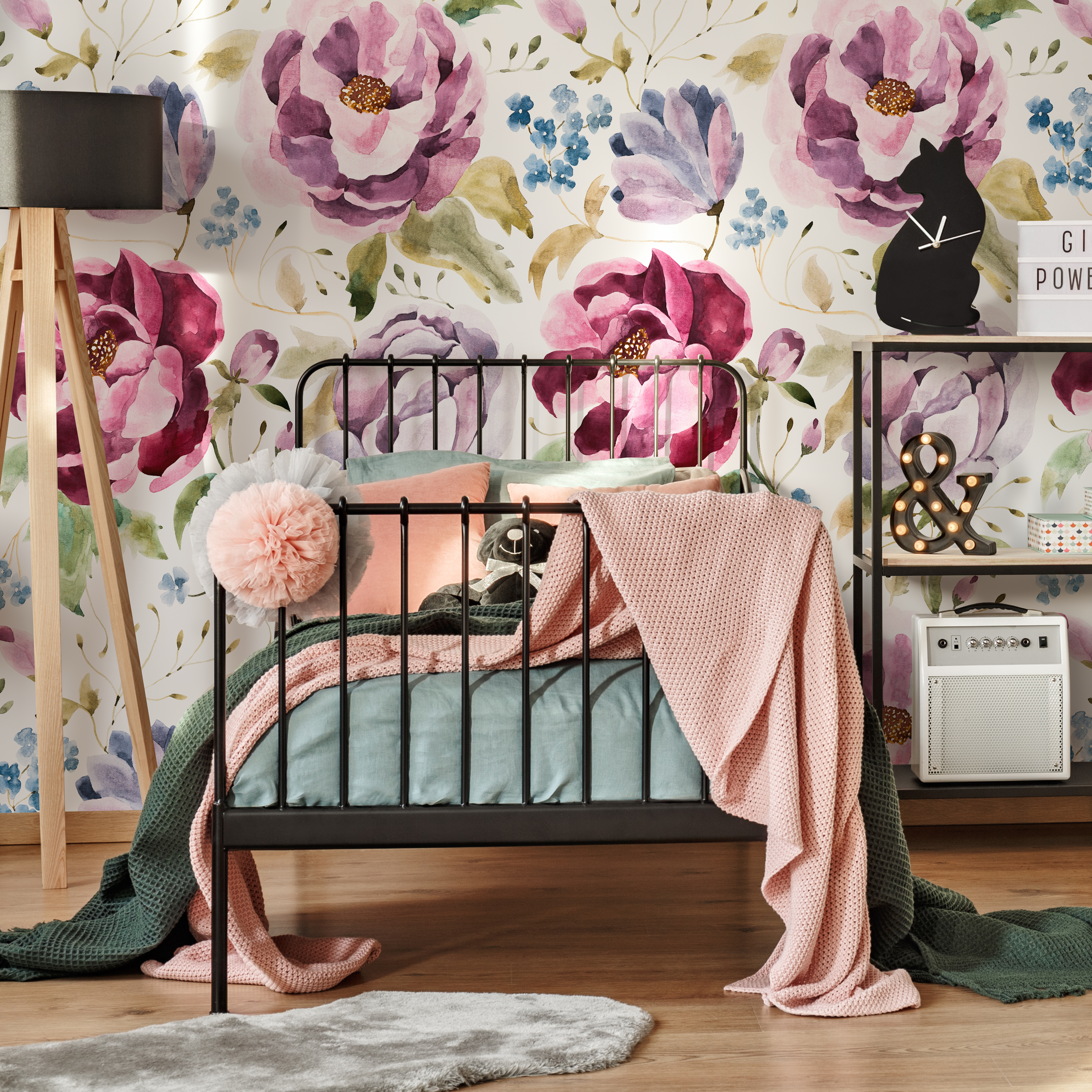 Floral Wallpaper Featuring Watercolor Roses In Pink, Purple, And Blue - C964