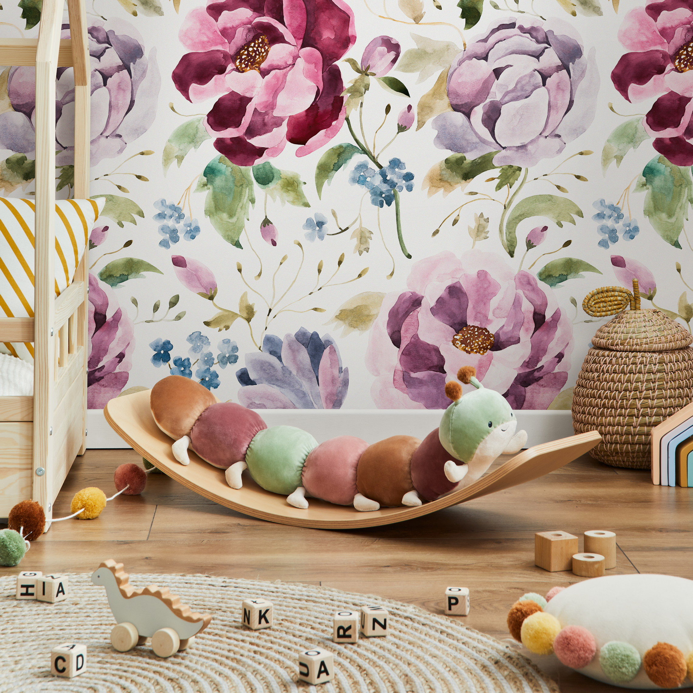 Floral Wallpaper Featuring Watercolor Roses In Pink, Purple, And Blue - C964