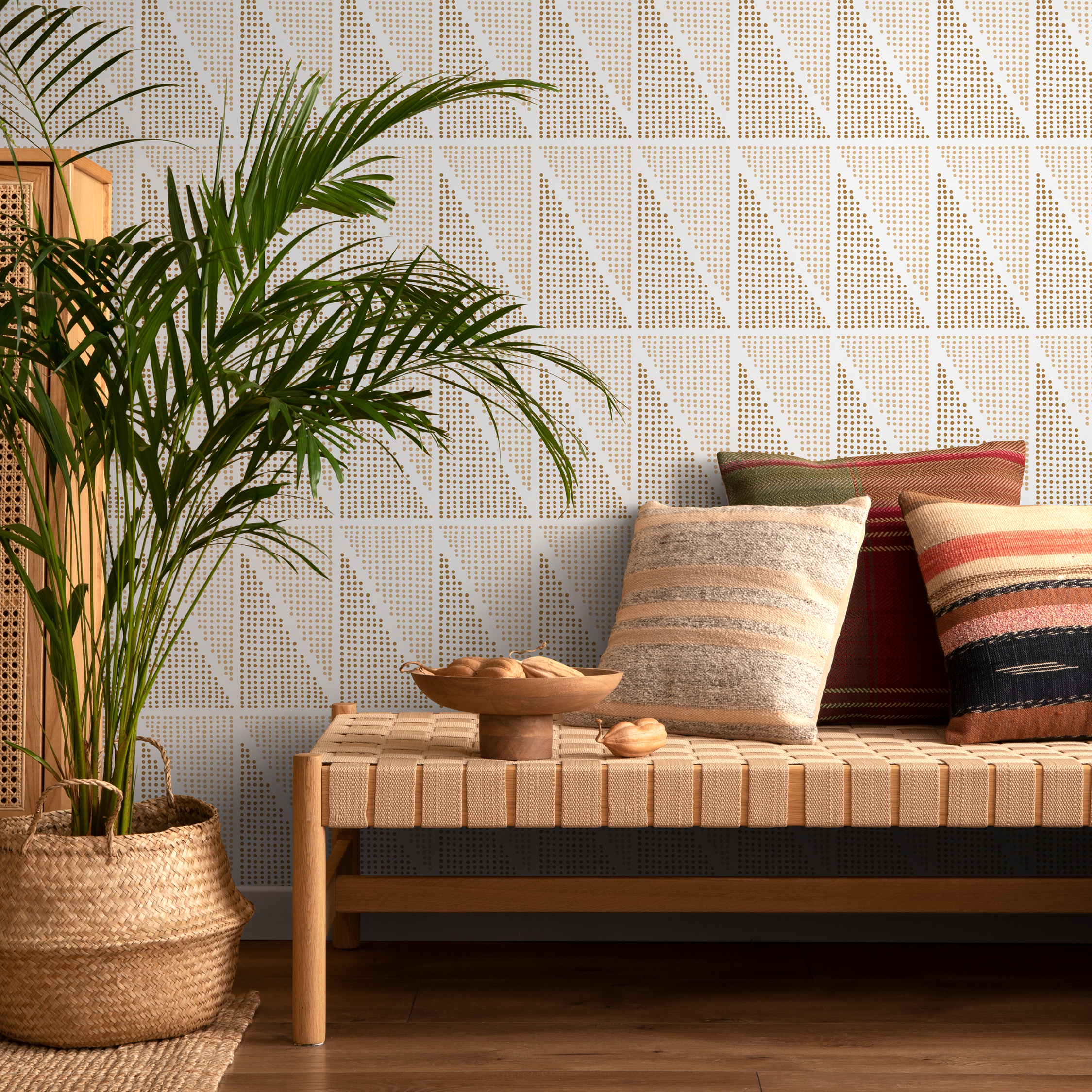 Geometric Wallpaper With A Dotted Triangle Motif In Beige And Tan - C969