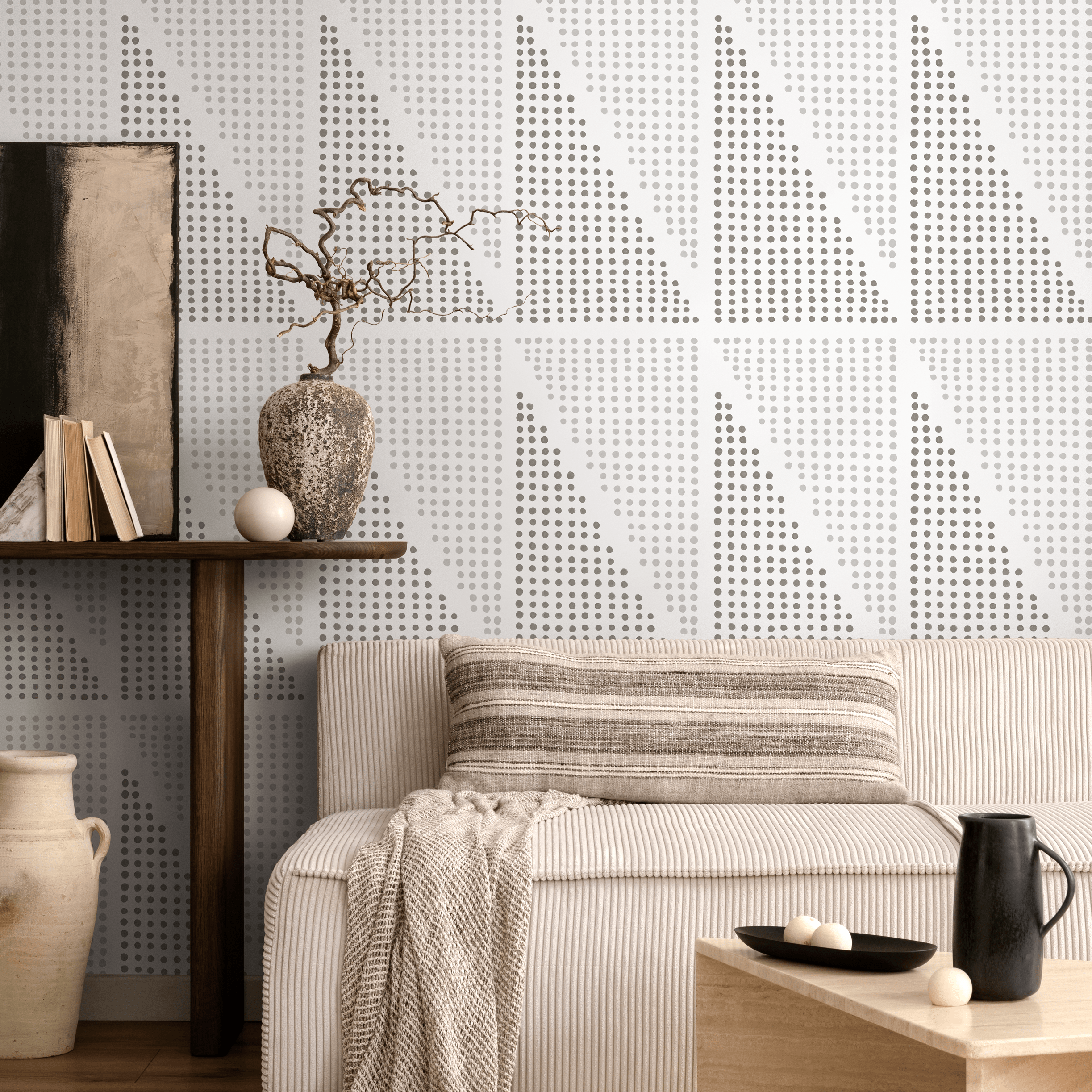 Geometric Wallpaper With Dotted Triangles In Shades Of Gray - C970