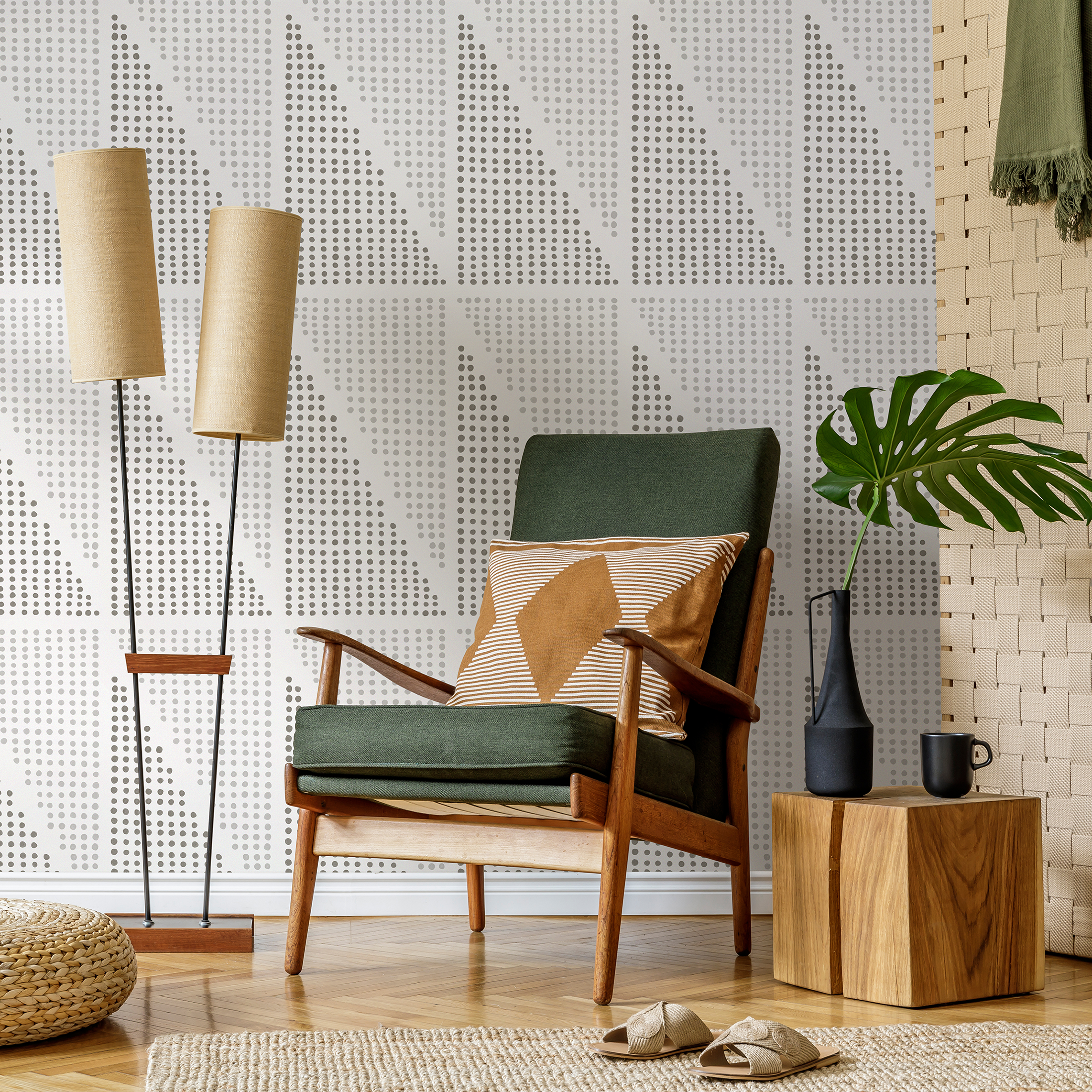 Geometric Wallpaper With Dotted Triangles In Shades Of Gray - C970