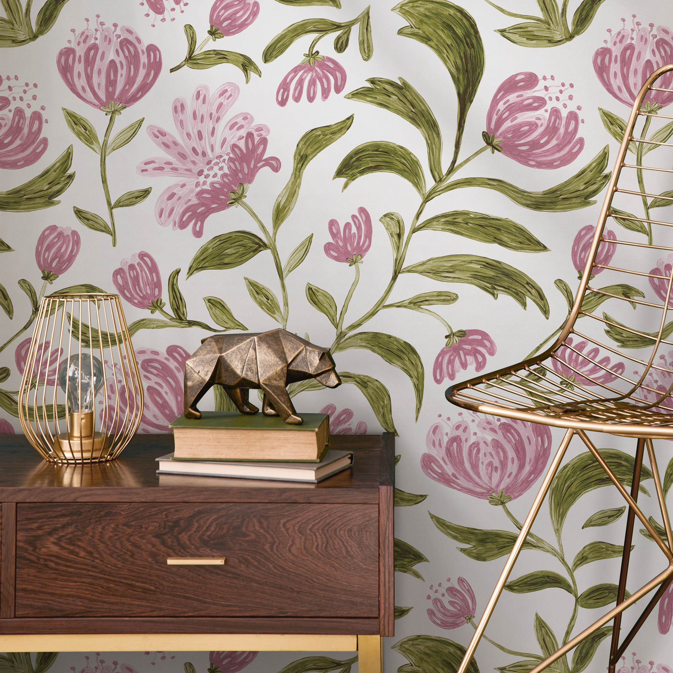 Floral Wallpaper Featuring Hand-painted Blooms In Pink And Green - C971