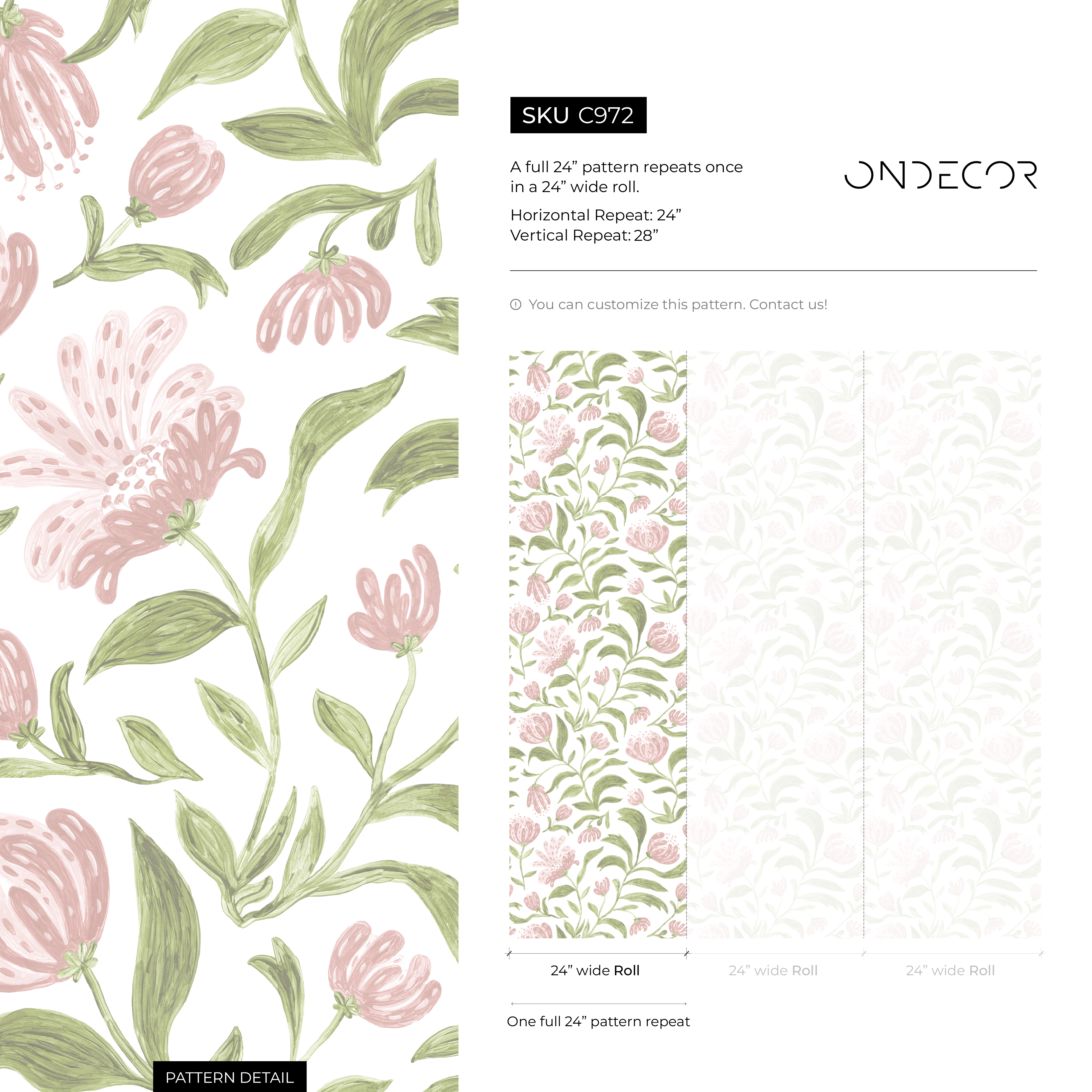 Floral Wallpaper Featuring A Vintage Garden Vine In Pink And Green - C972