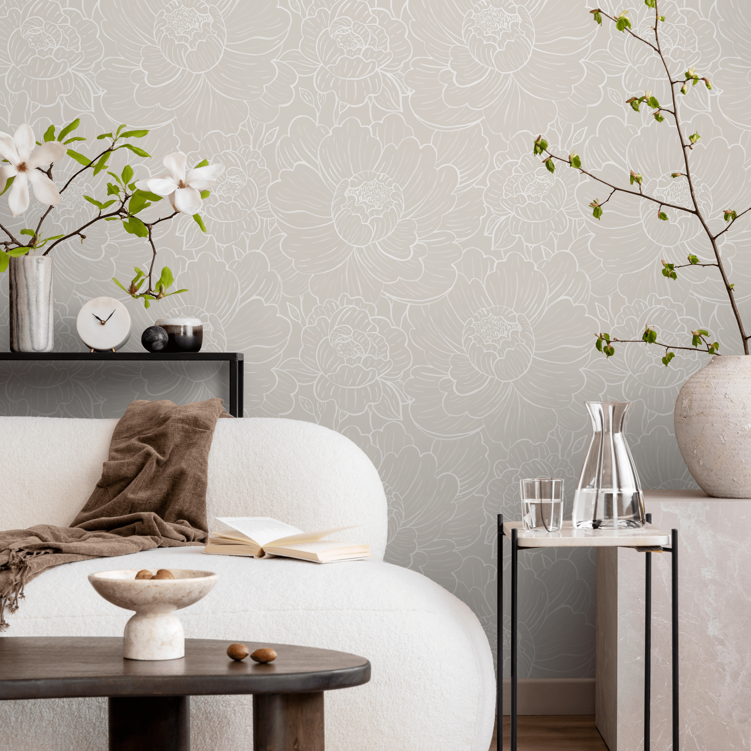 Floral Wallpaper Featuring Elegant Peony Line Art In Beige And White - C974
