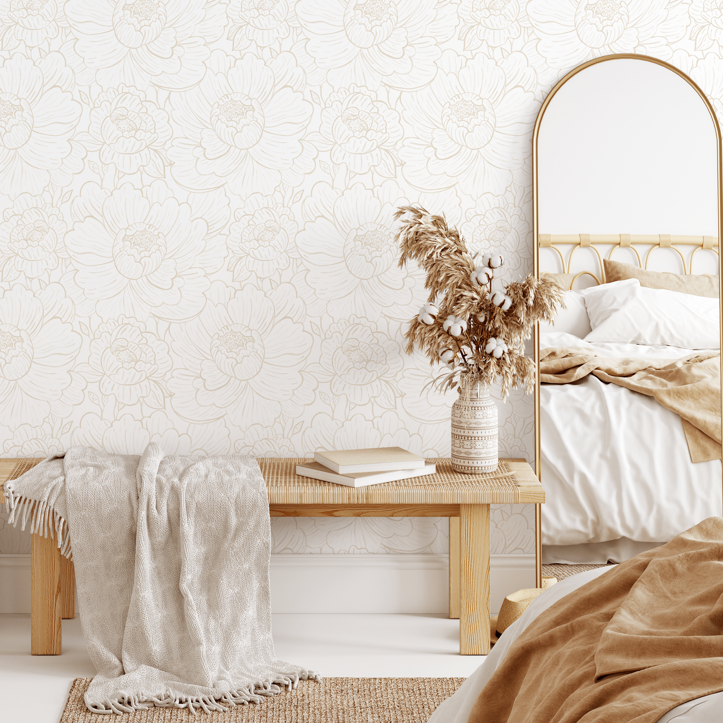 Floral Wallpaper With Minimalist Peony Outlines In Neutral Beige - C975