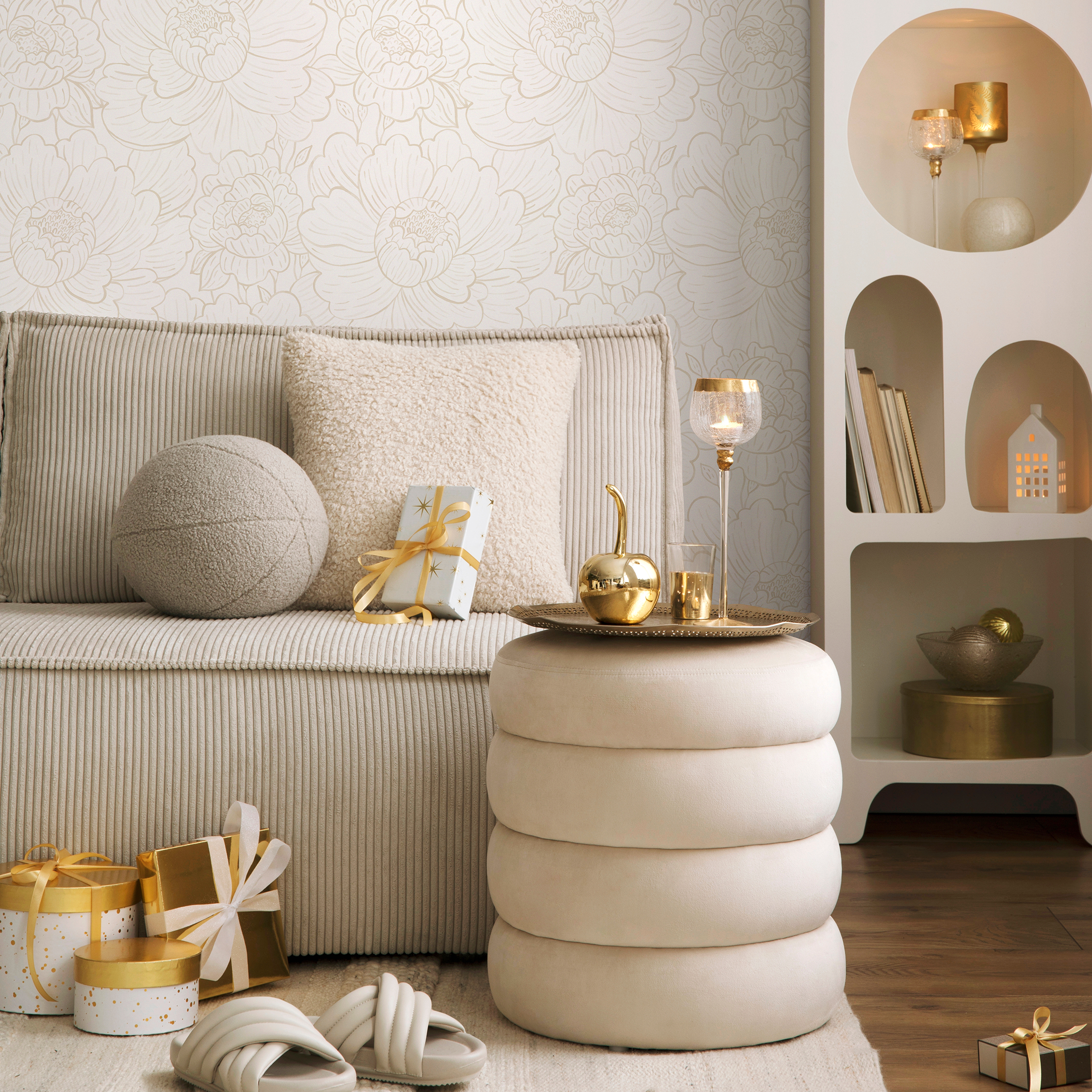 Floral Wallpaper With Minimalist Peony Outlines In Neutral Beige - C975