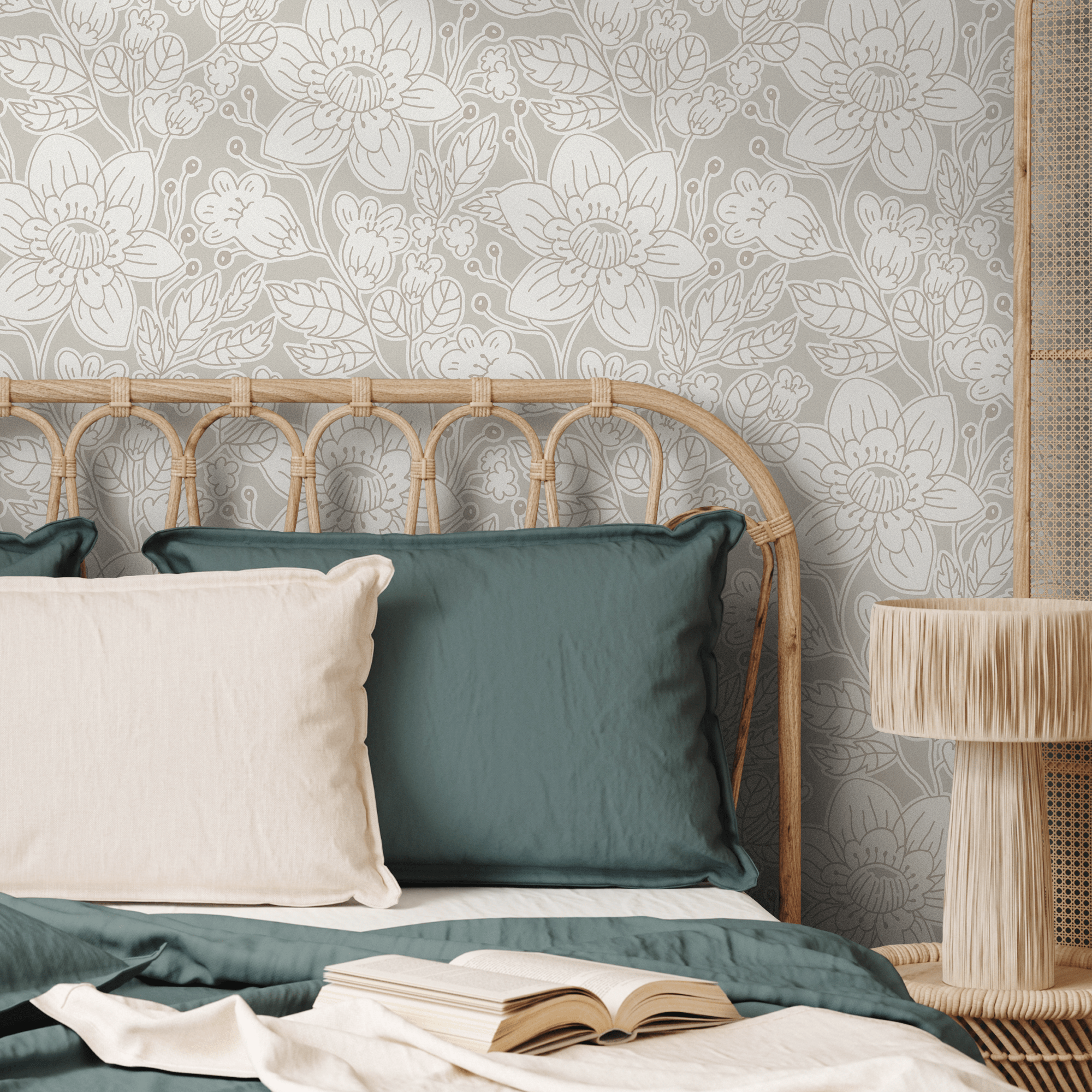 Botanical Wallpaper With A Delicate Floral Line Art Motif In Taupe And Cream - C979