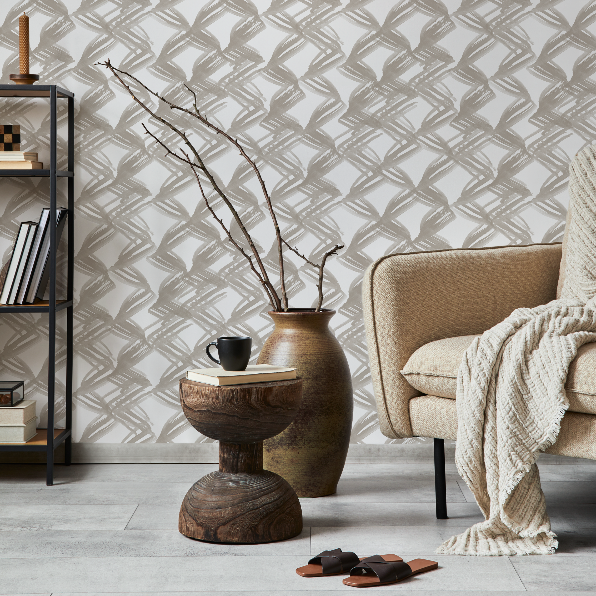 Abstract Wallpaper With A Woven Brushstroke Motif In Taupe - C980