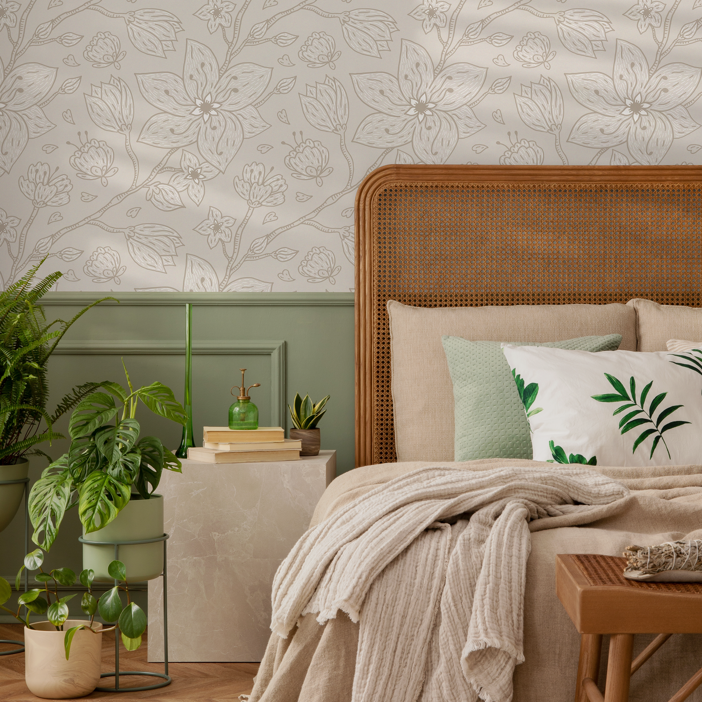 Floral Wallpaper With A Minimalist Line Art Motif In Taupe And Beige - C983