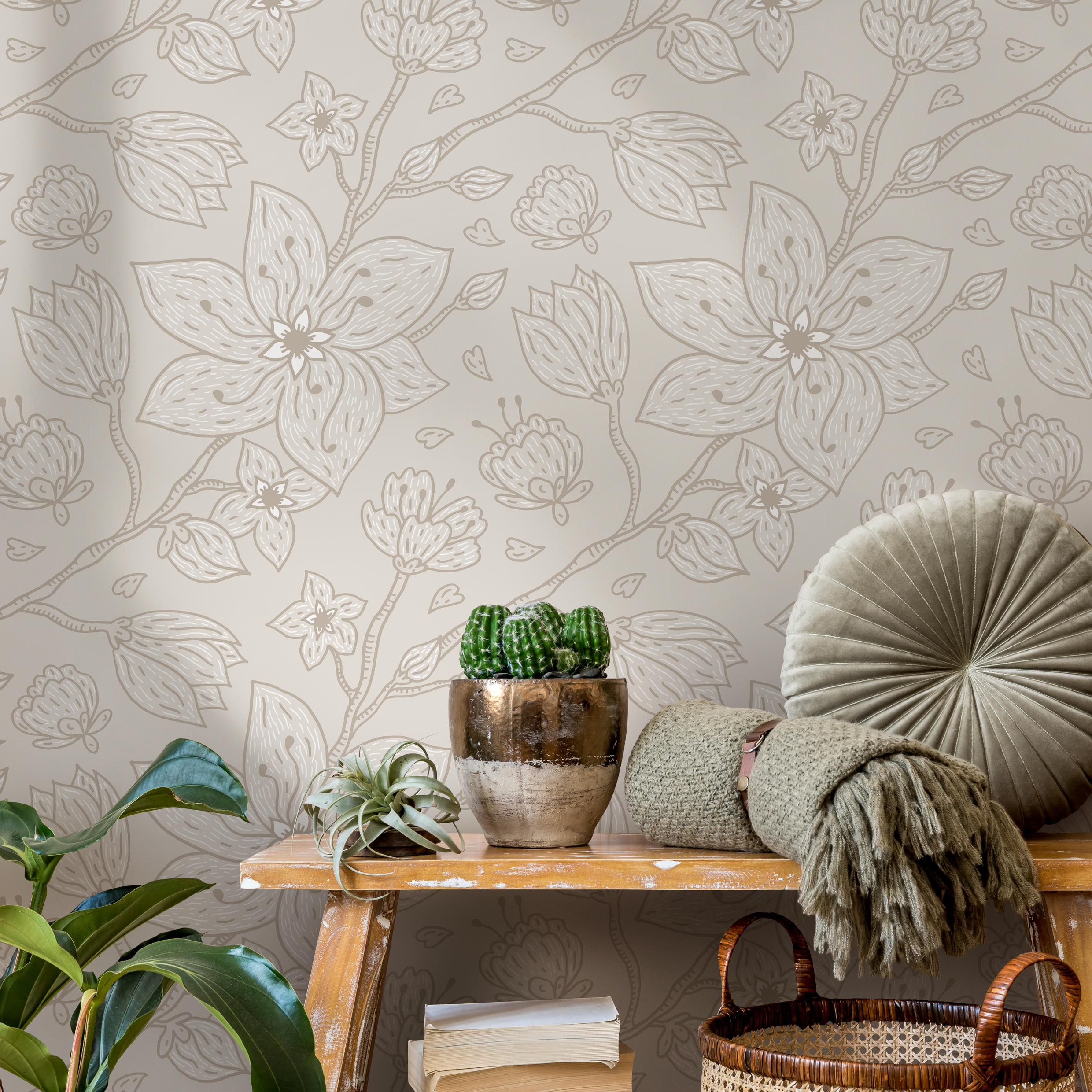 Floral Wallpaper With A Minimalist Line Art Motif In Taupe And Beige - C983