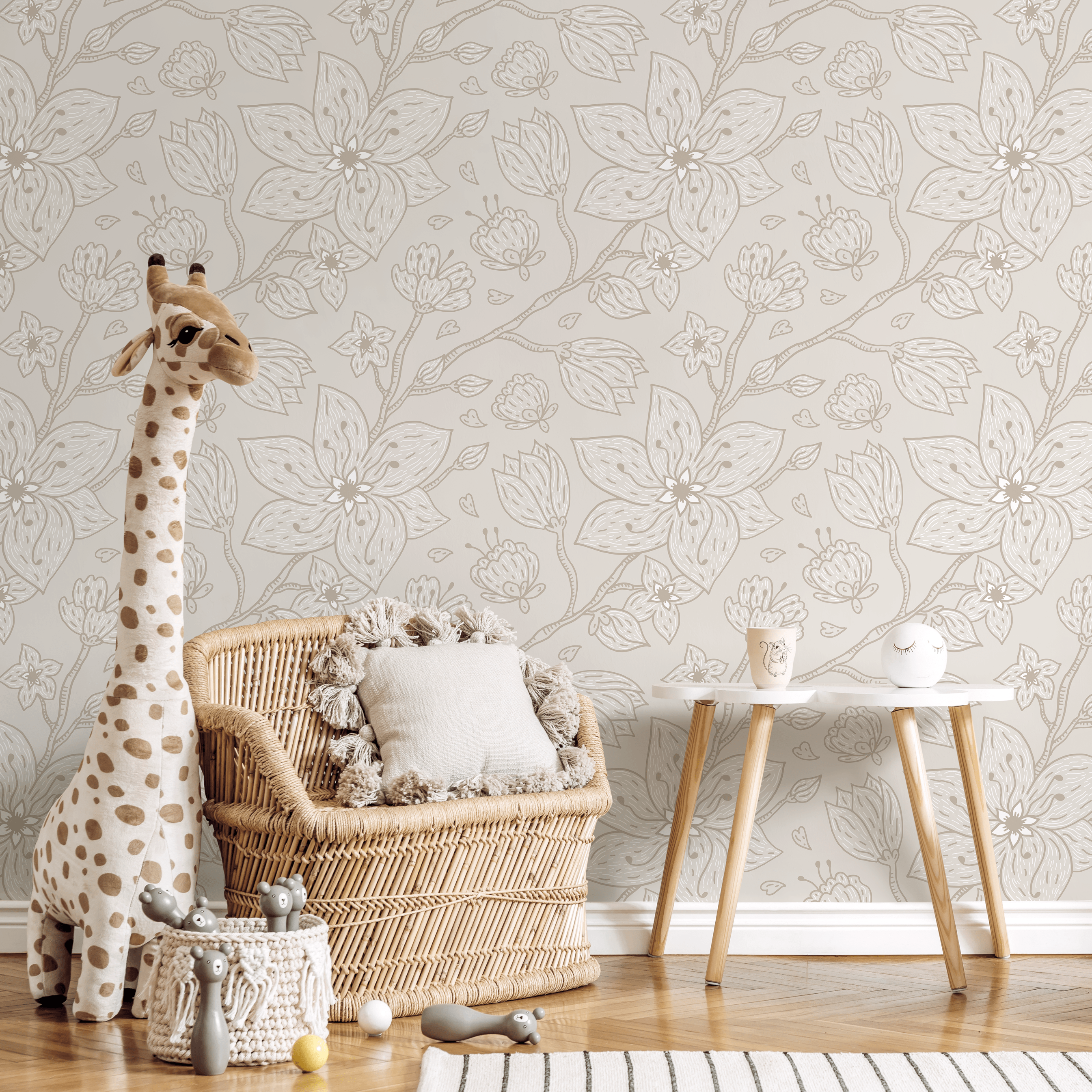 Floral Wallpaper With A Minimalist Line Art Motif In Taupe And Beige - C983