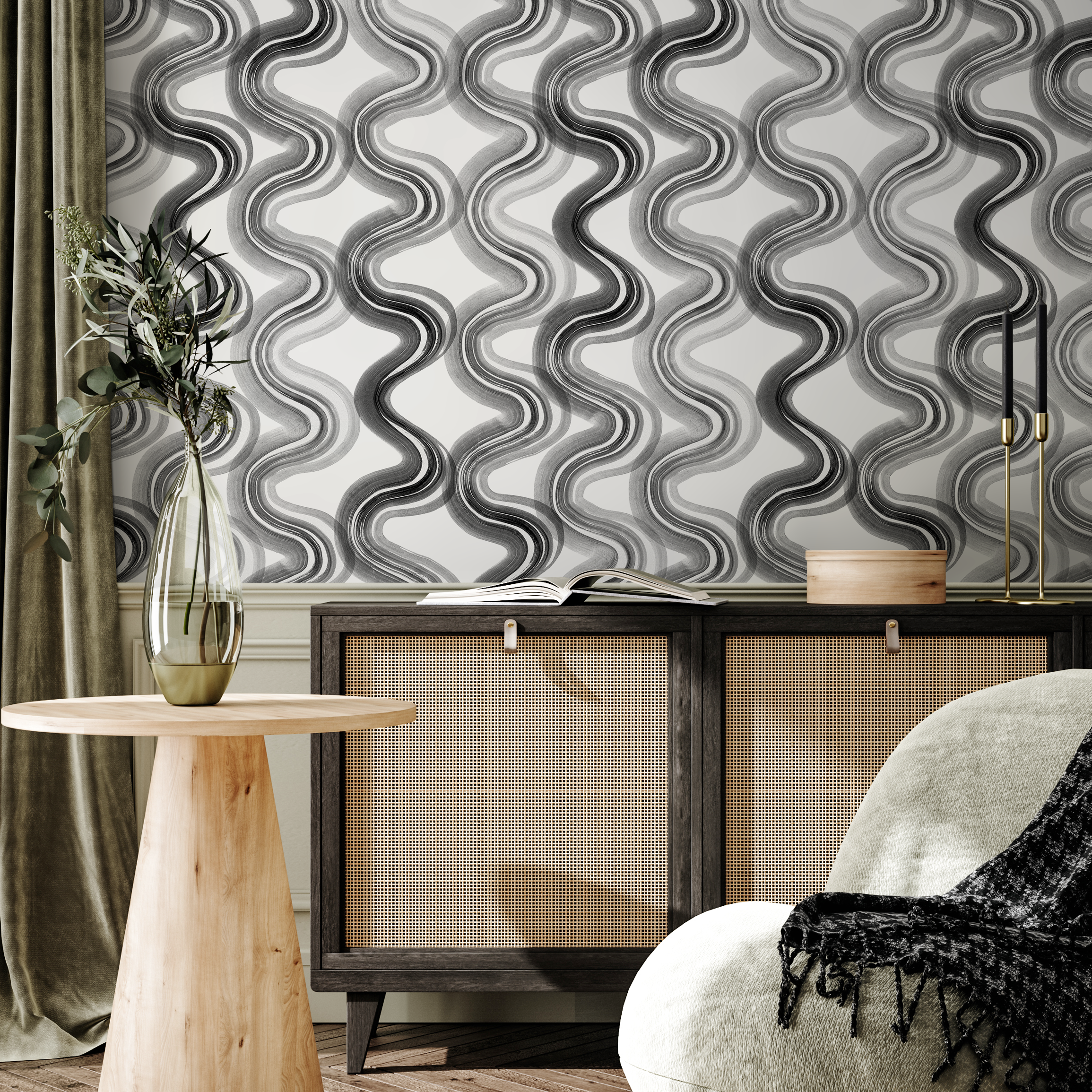 Abstract Wallpaper With Wavy Ink Lines In Black, White, And Gray - C985