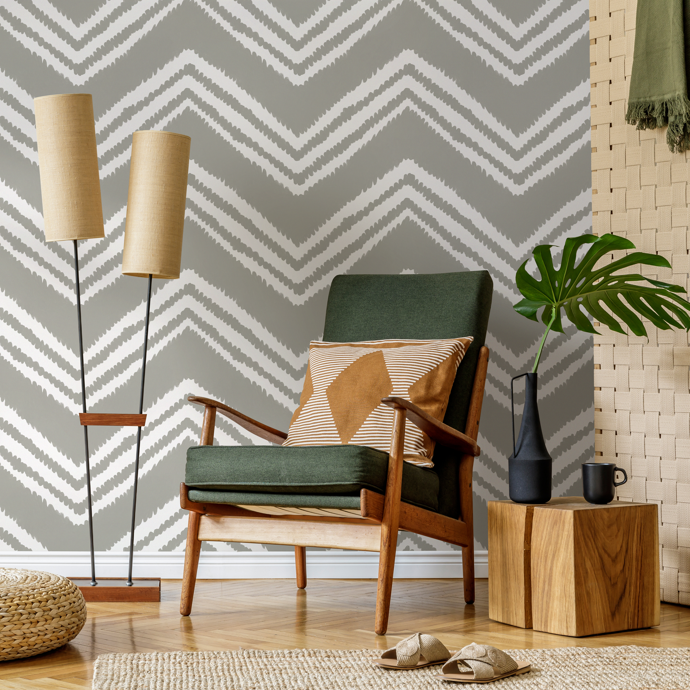 Boho Wallpaper With A Hand-drawn Chevron Motif In Gray And White - C986