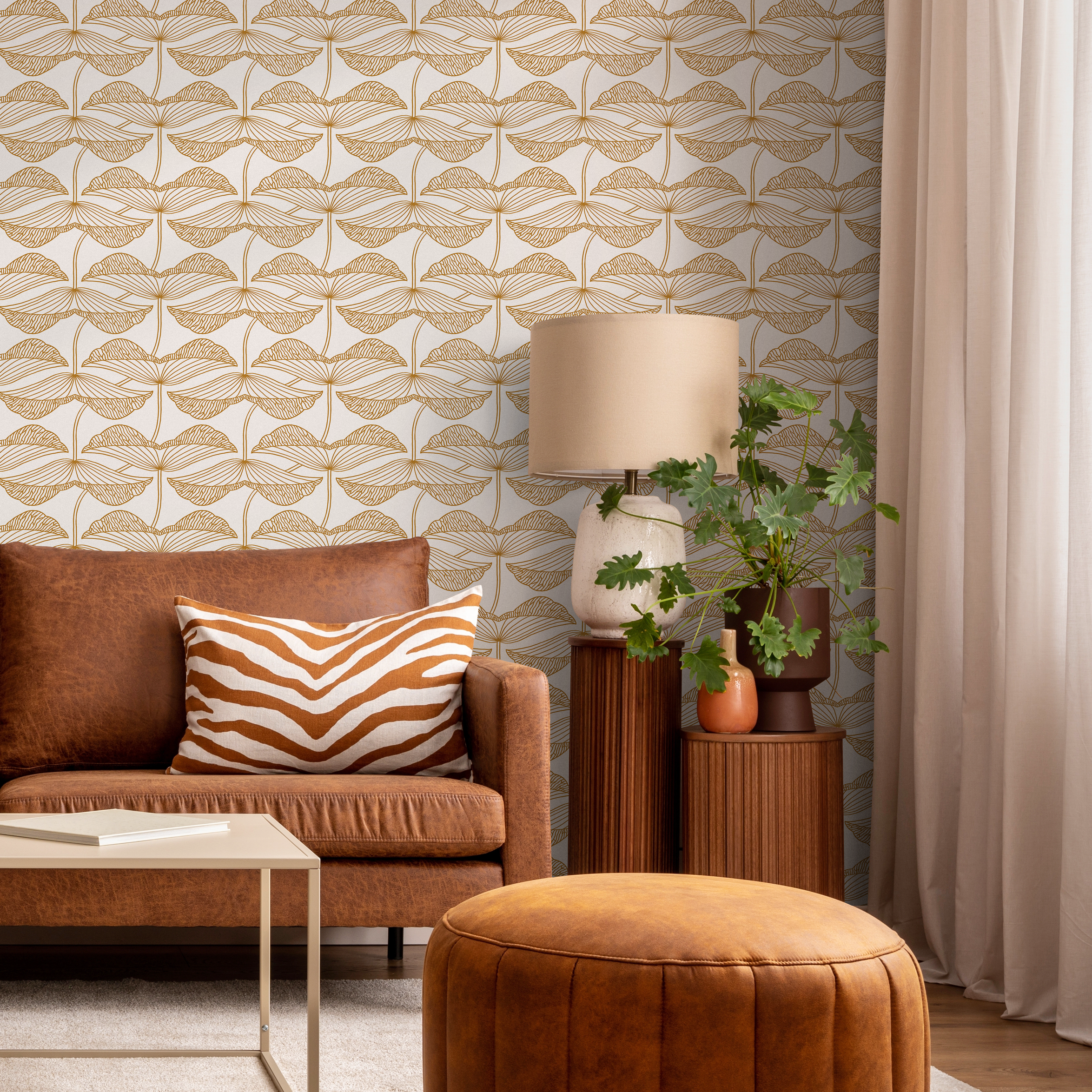 Art Deco Wallpaper With A Stylized Ginkgo Leaf Motif In Gold - C987