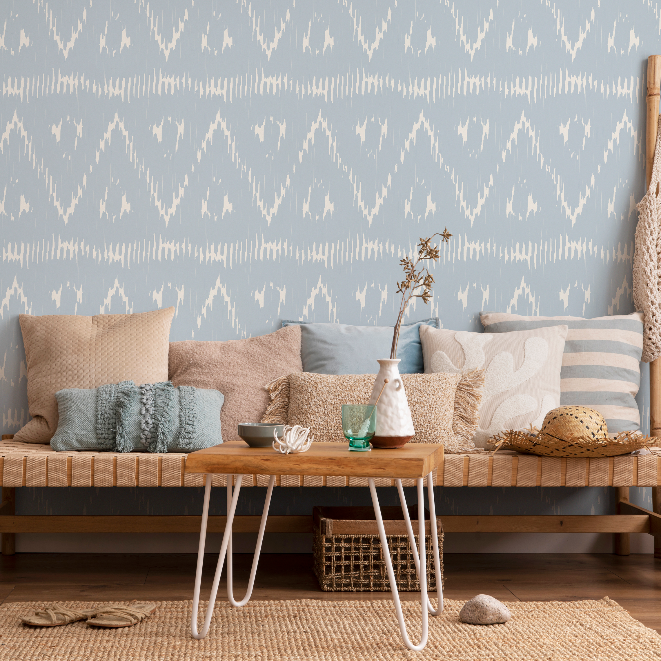 Boho Wallpaper Featuring A Distressed Ikat Motif In Light Blue And Cream - C989