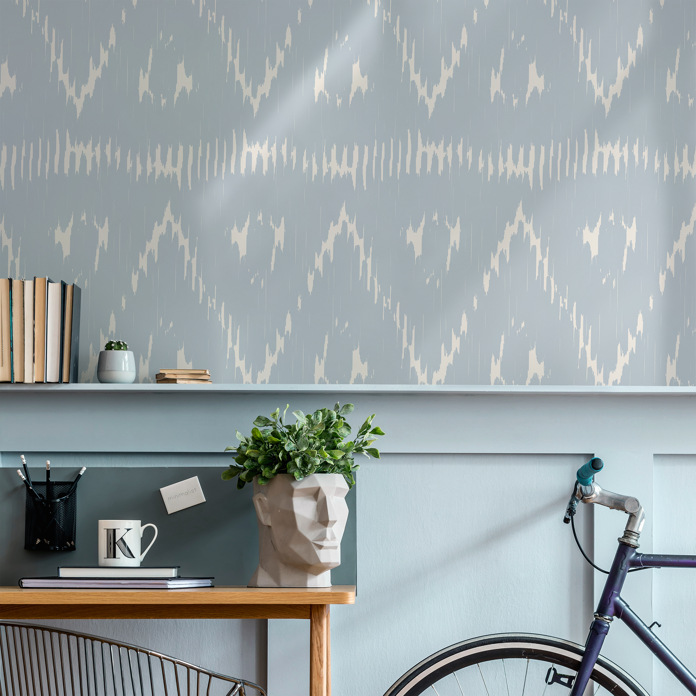 Boho Wallpaper Featuring A Distressed Ikat Motif In Light Blue And Cream - C989