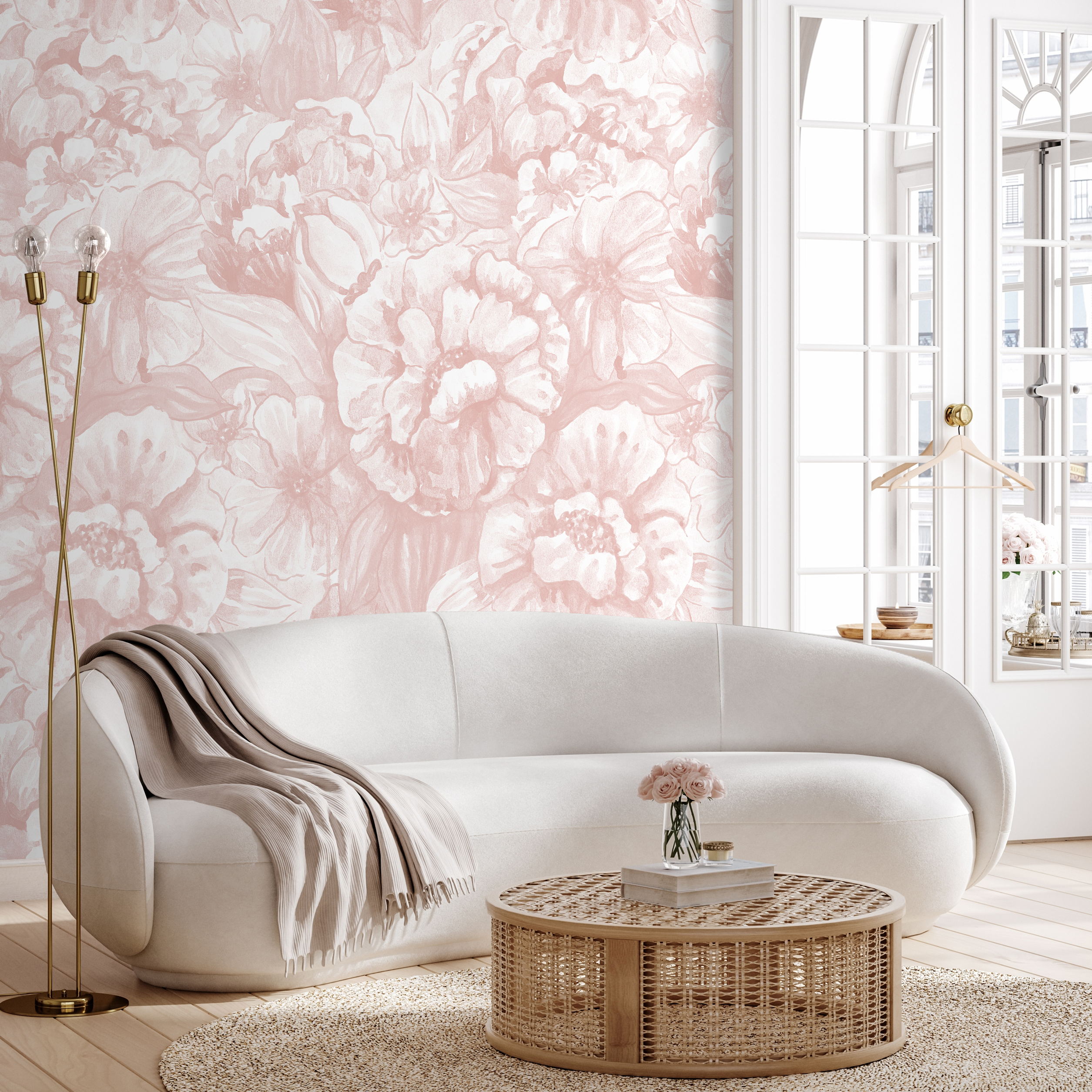 Floral Wallpaper With Watercolor Peonies In Pink - C990