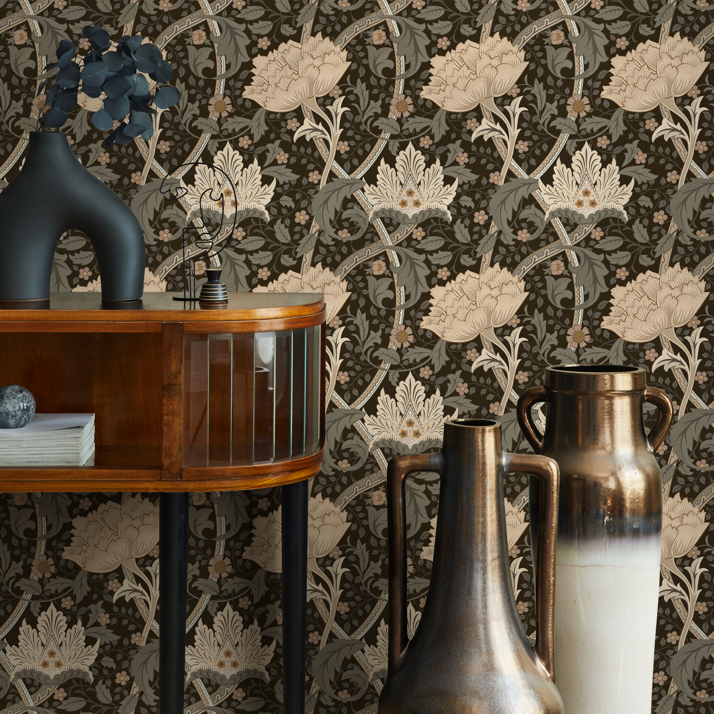 Floral Wallpaper With A William Morris Motif In Taupe, Sage, And Charcoal - C991