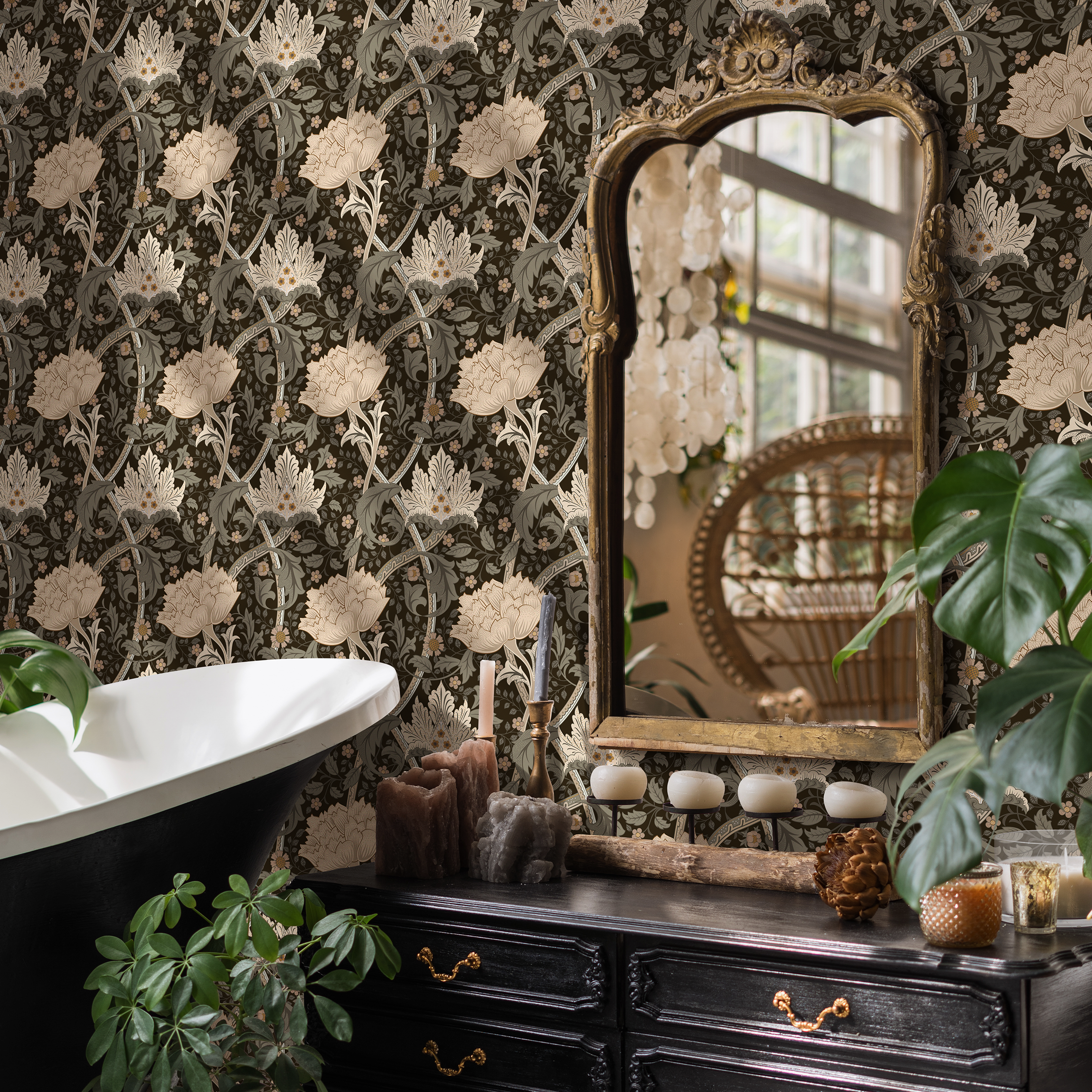 Floral Wallpaper With A William Morris Motif In Taupe, Sage, And Charcoal - C991