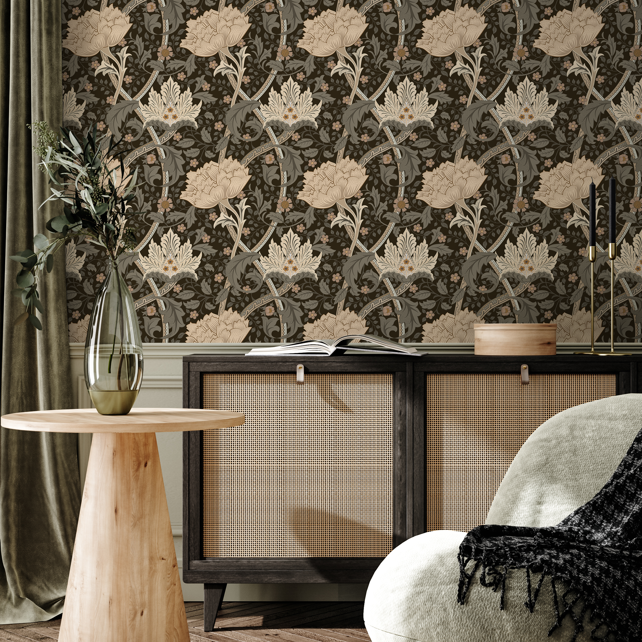 Floral Wallpaper With A William Morris Motif In Taupe, Sage, And Charcoal - C991