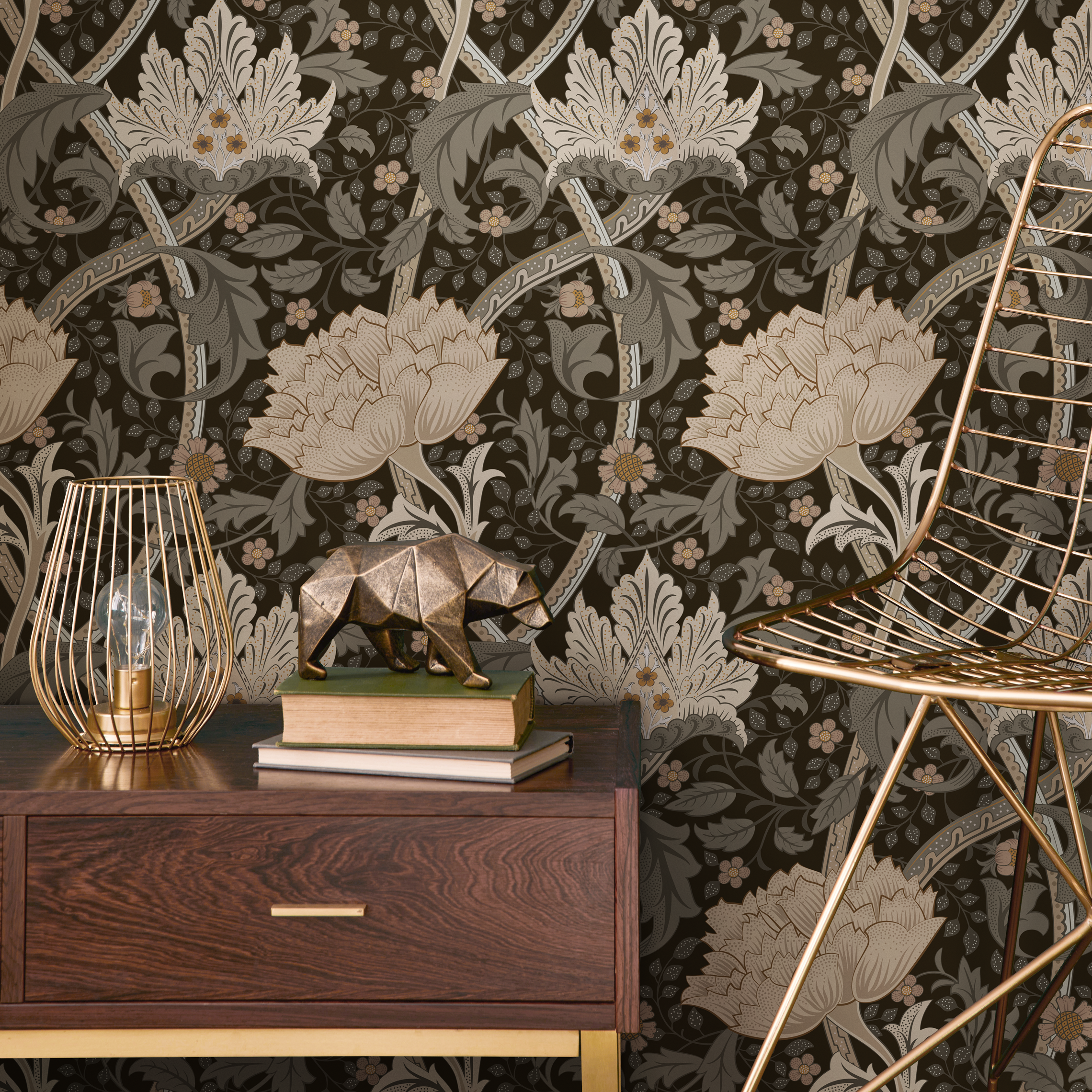 Floral Wallpaper With A William Morris Motif In Taupe, Sage, And Charcoal - C991