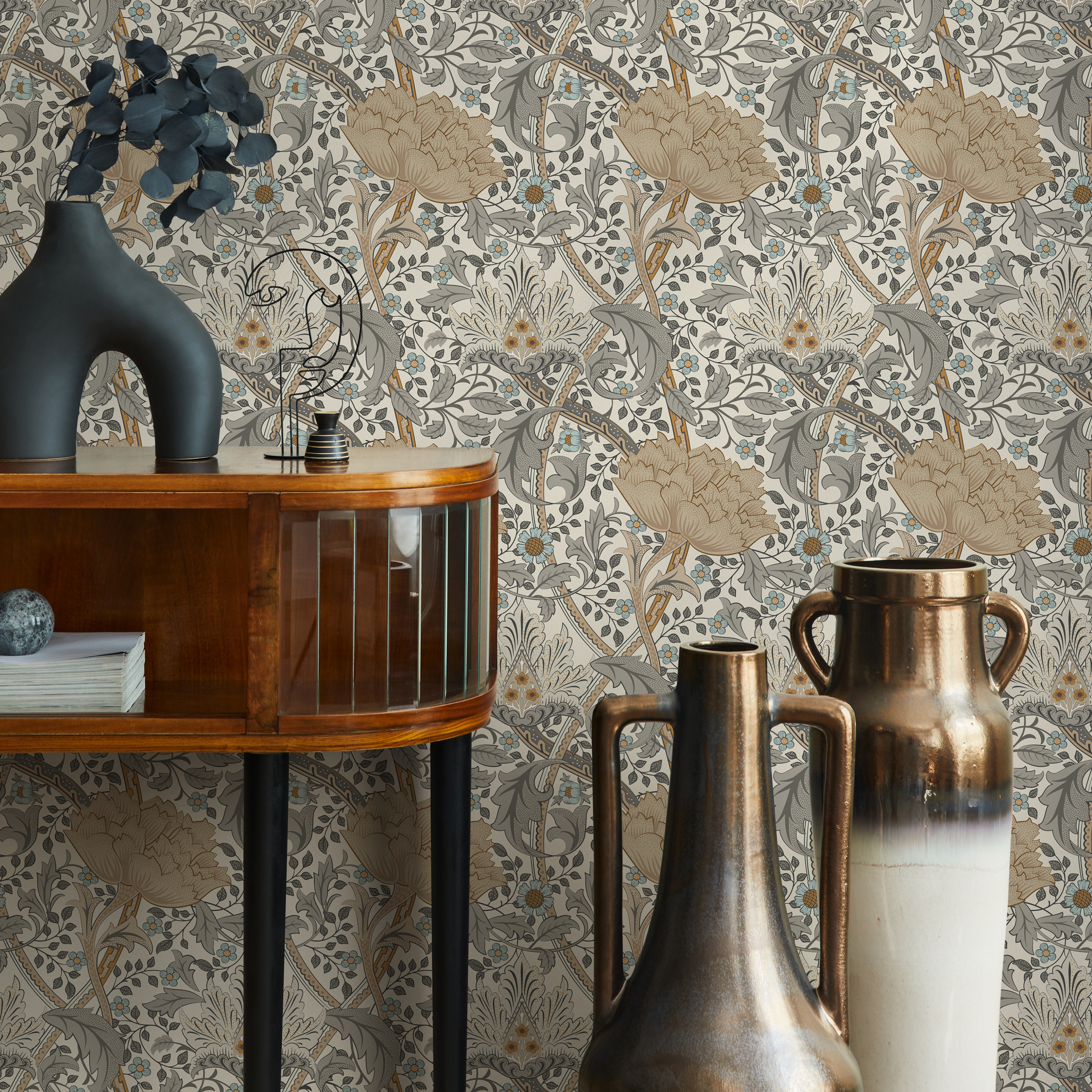 Art Nouveau Wallpaper With A Vintage Floral Motif In Beige, Gray, And Blue - C992
