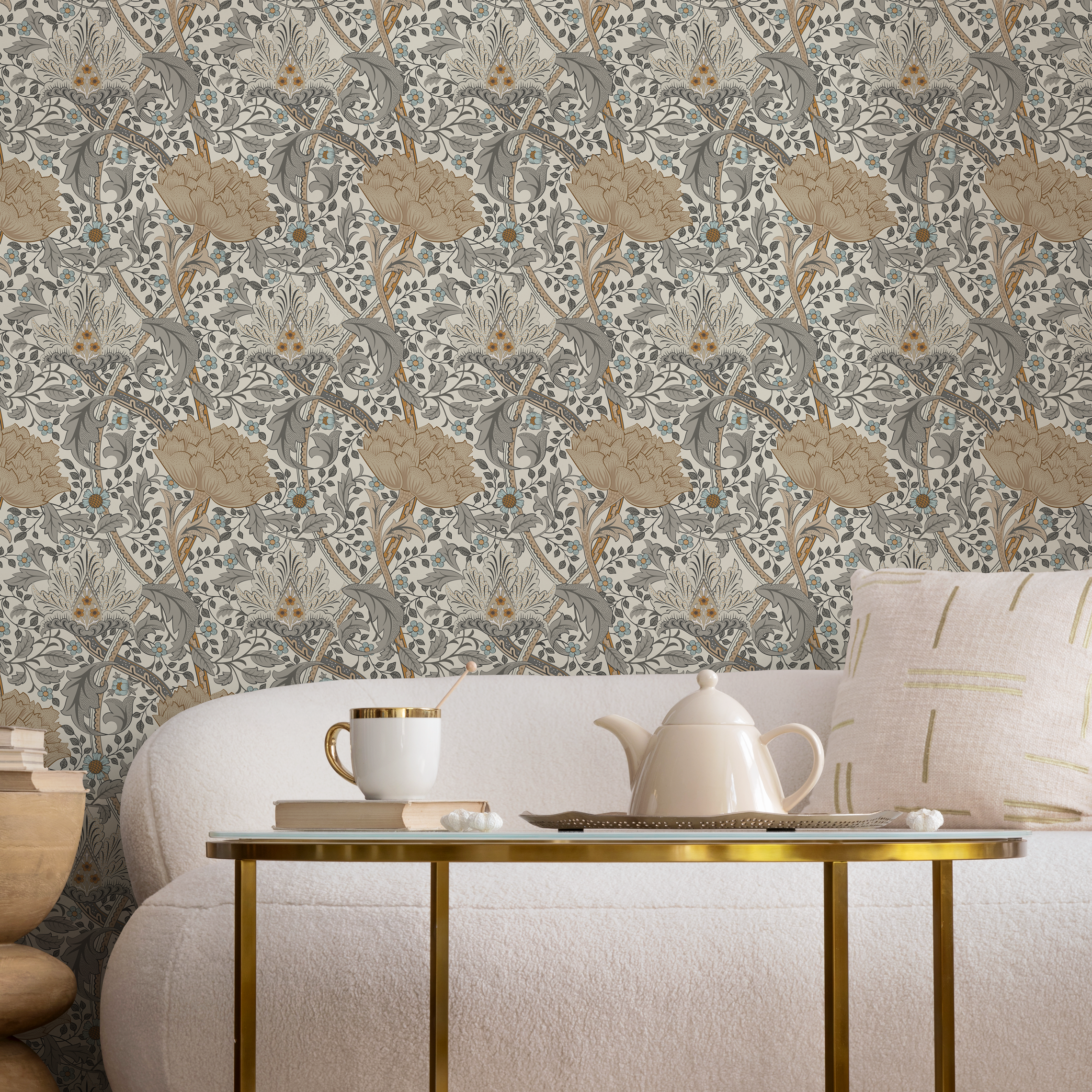 Art Nouveau Wallpaper With A Vintage Floral Motif In Beige, Gray, And Blue - C992