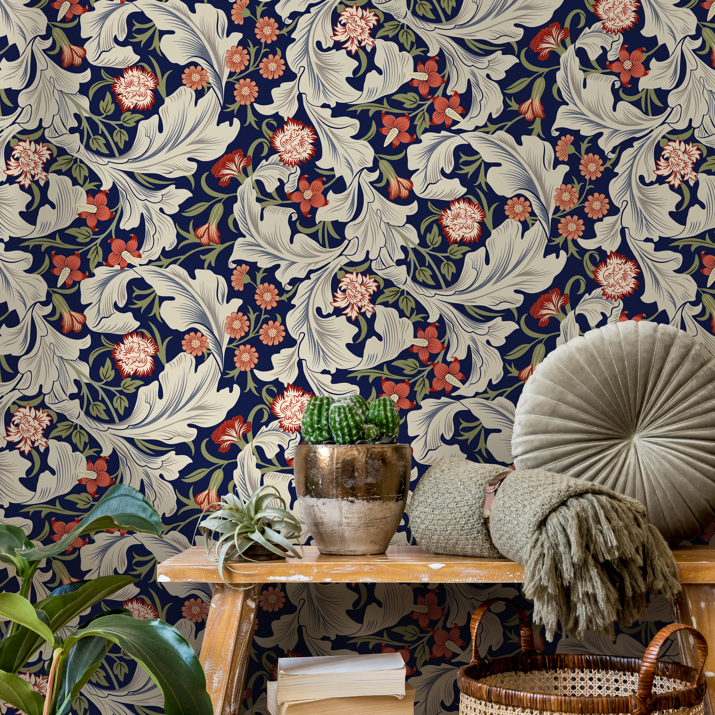 Arts And Crafts Wallpaper Featuring Florals In Blue, Red, And Cream - C995