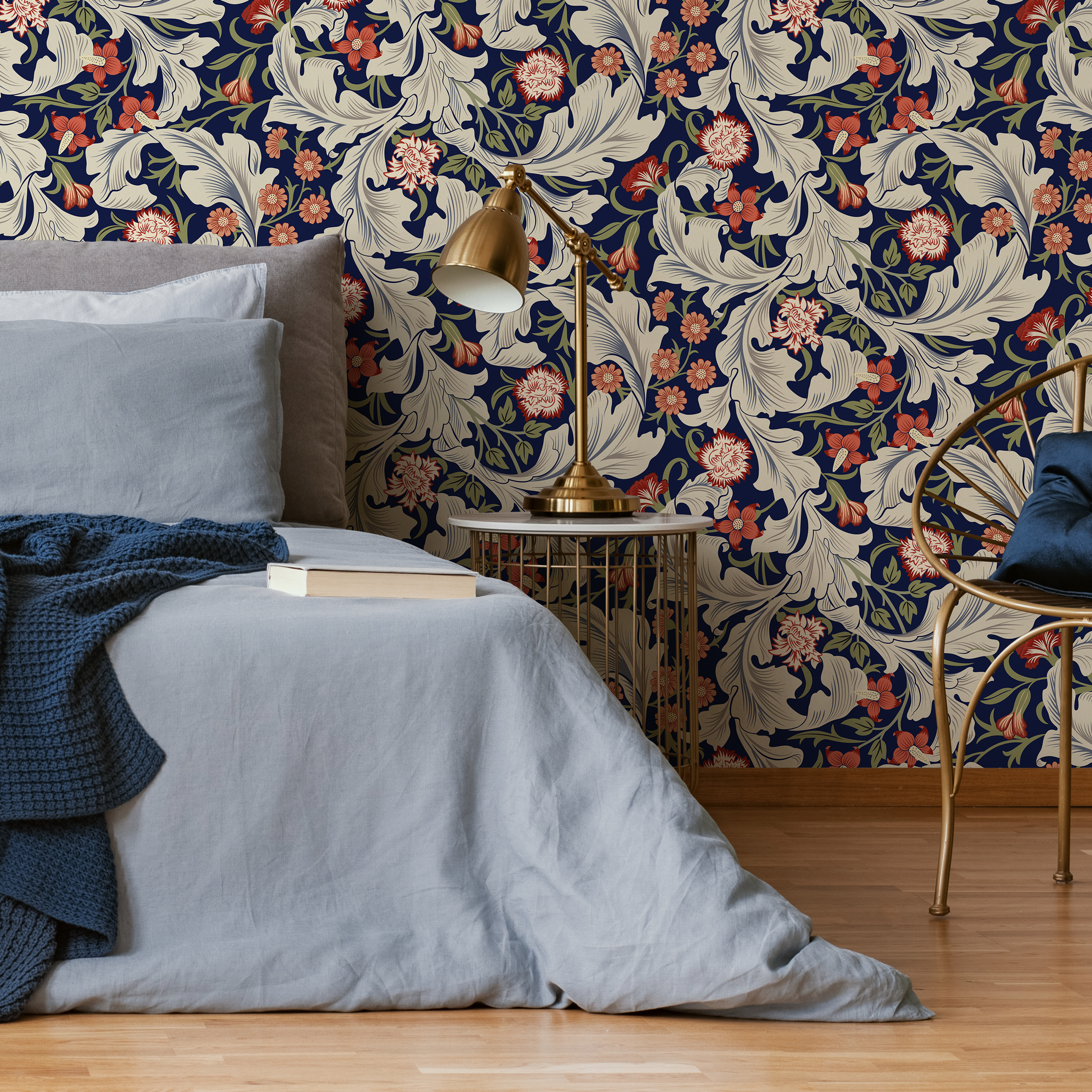 Arts And Crafts Wallpaper Featuring Florals In Blue, Red, And Cream - C995