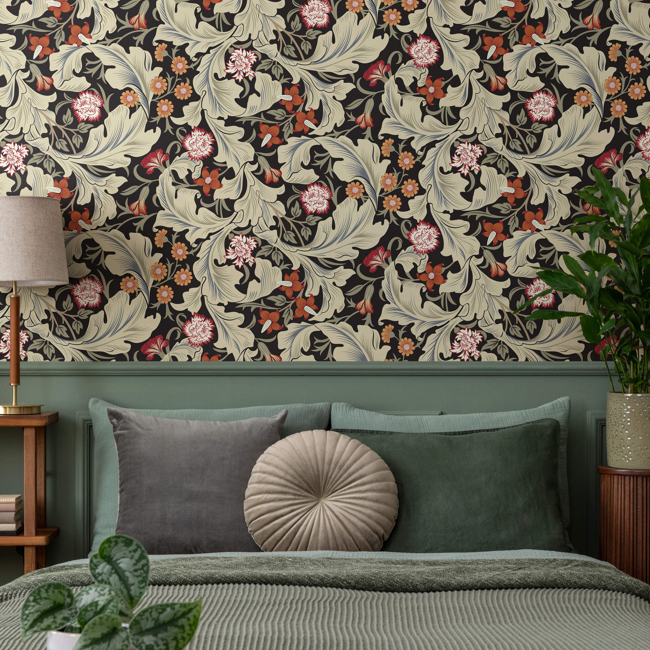 Victorian Wallpaper Featuring Ornate Florals In Black, Red, And Green - C996