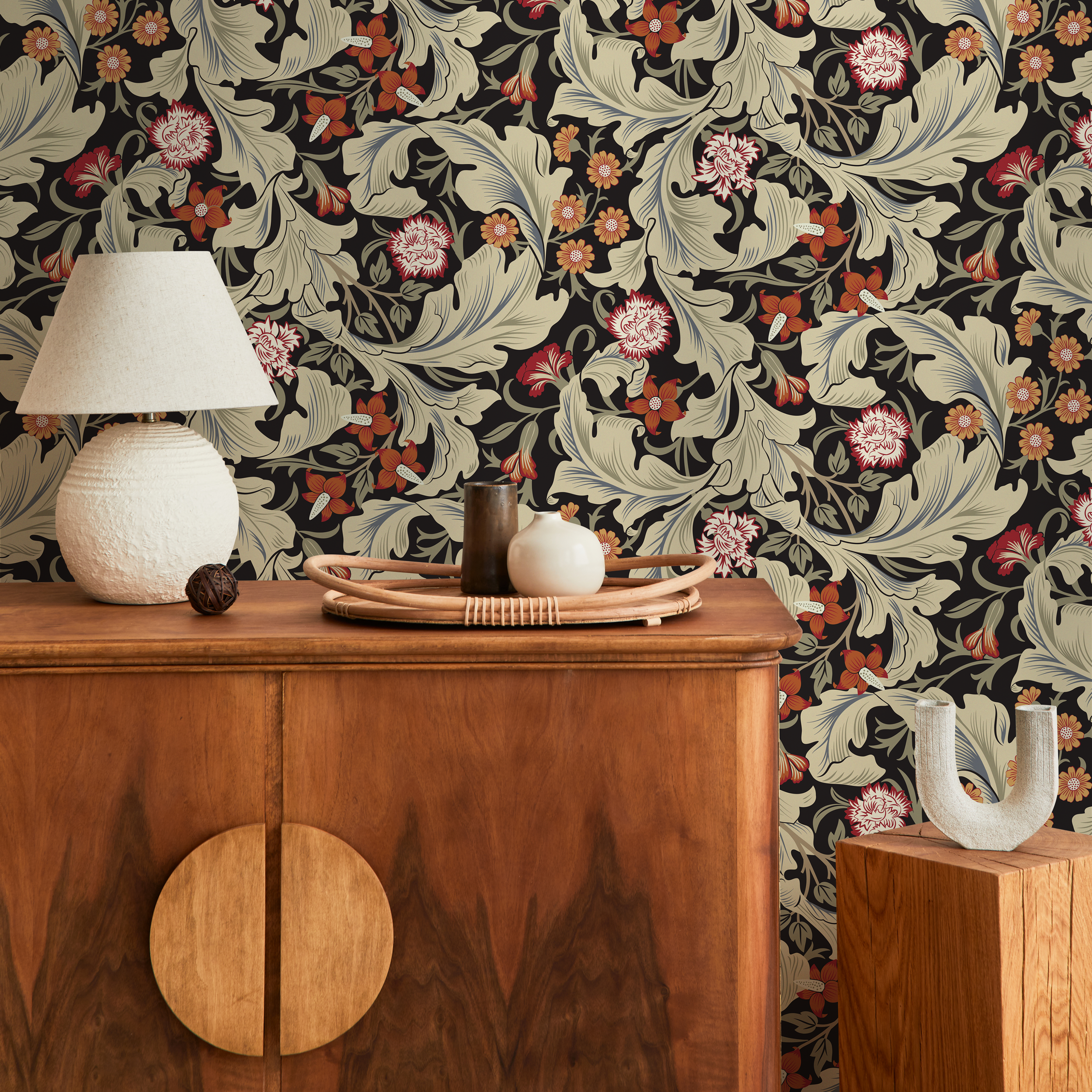 Victorian Wallpaper Featuring Ornate Florals In Black, Red, And Green - C996
