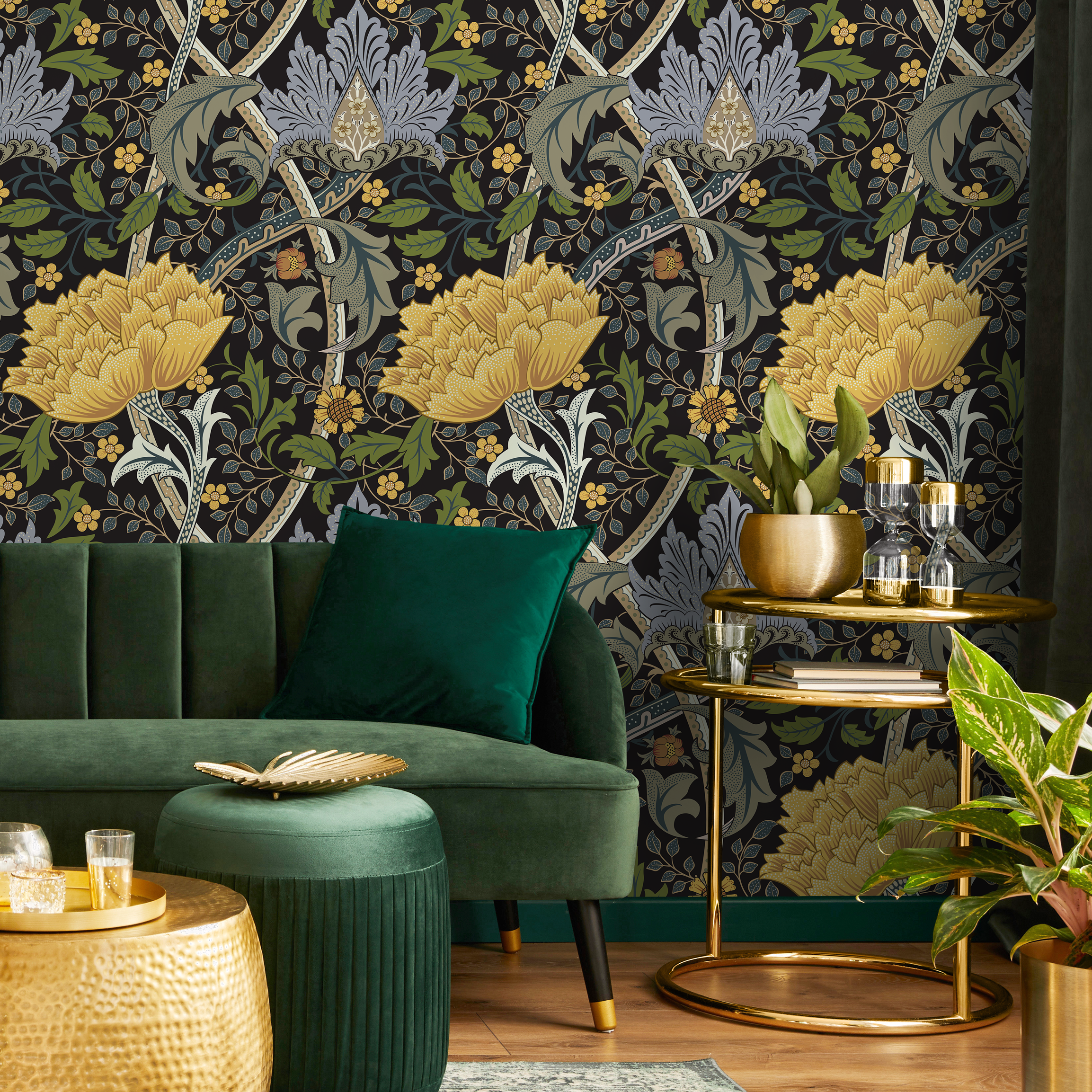 Arts And Crafts Wallpaper With A Floral Trellis In Yellow, Blue, And Green - C997