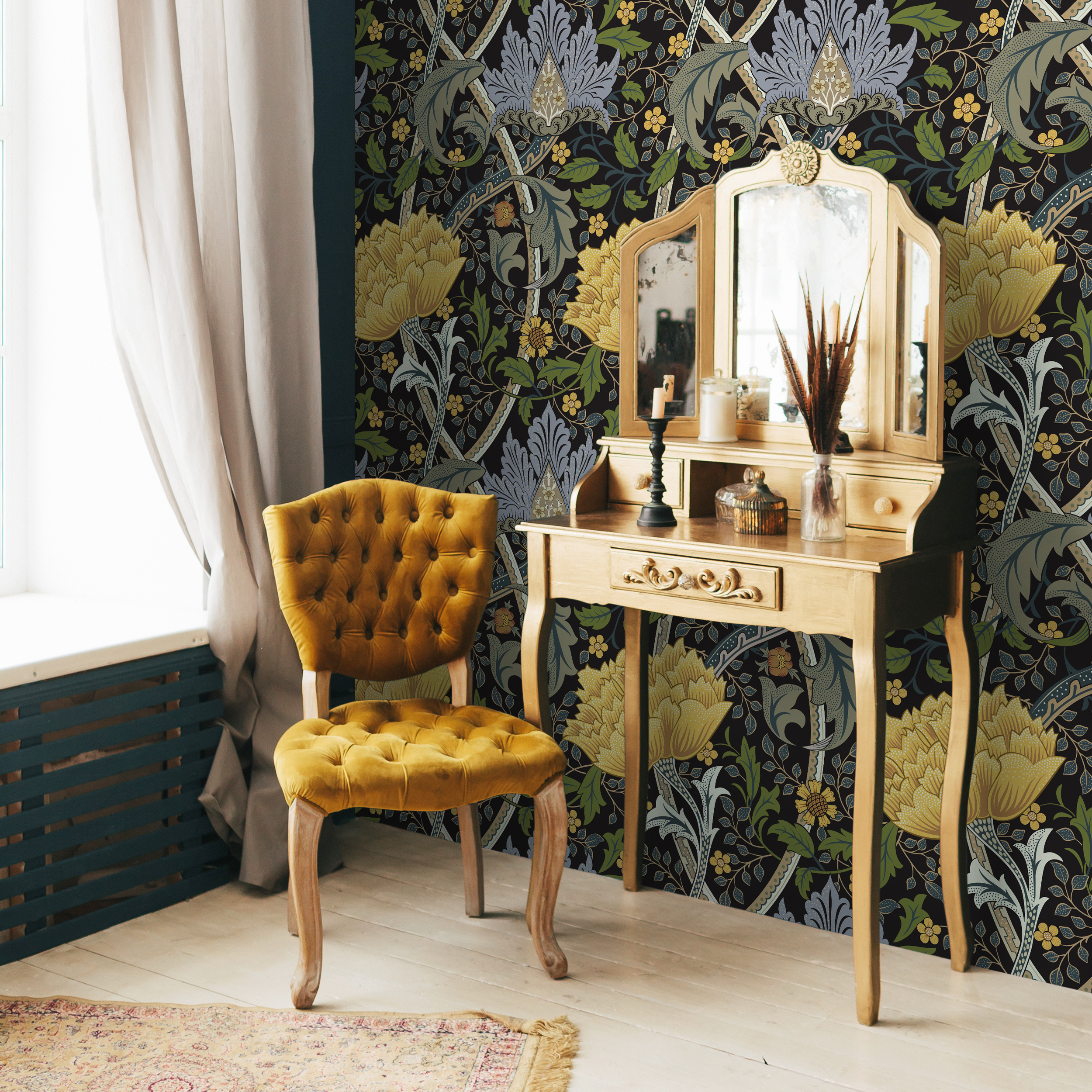 Arts And Crafts Wallpaper With A Floral Trellis In Yellow, Blue, And Green - C997