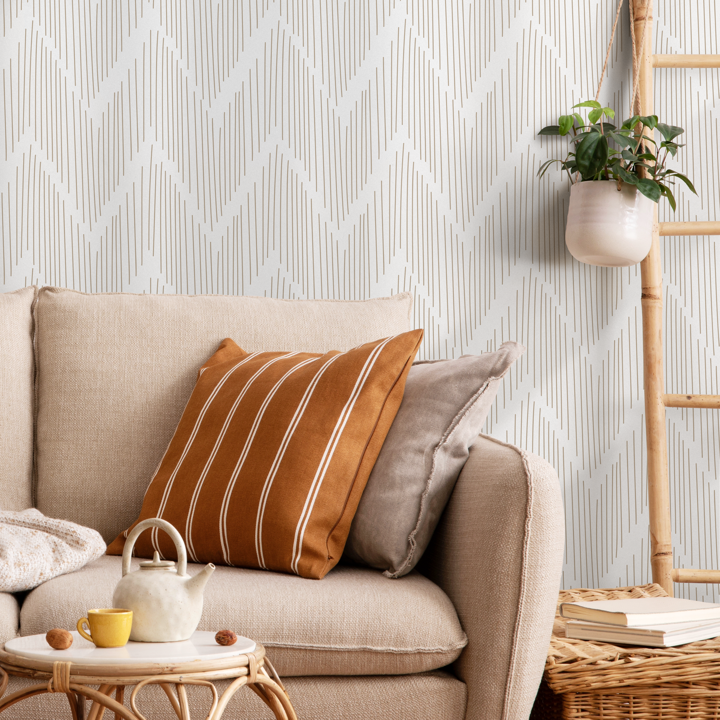Geometric Wallpaper With A Hand-drawn Chevron Motif In Brown - C999