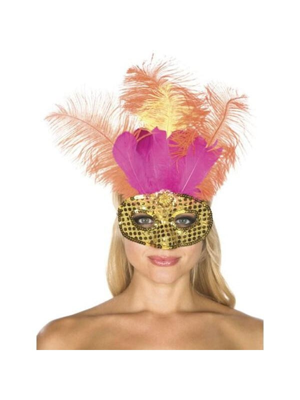 Adult Gold Sequin Carnival Eye Mask With Feathers
