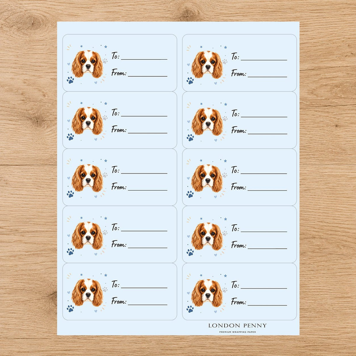 Cavalier King Charles Spaniel Pawprint Wishes Gift Tag Sticker Sheet