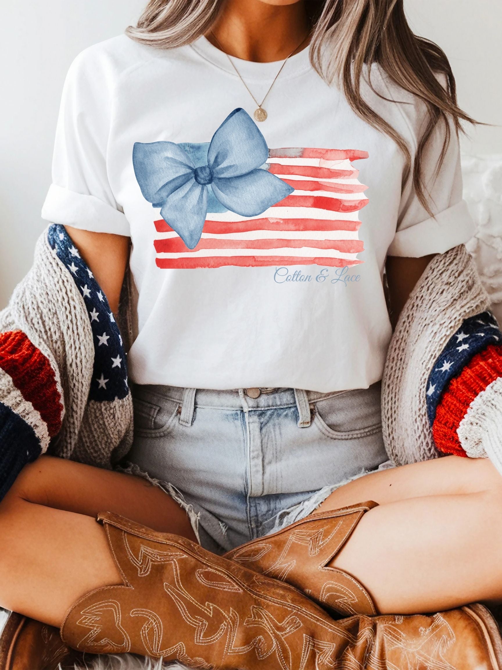 Comfort Colors Watercolor Flag With Large Bow