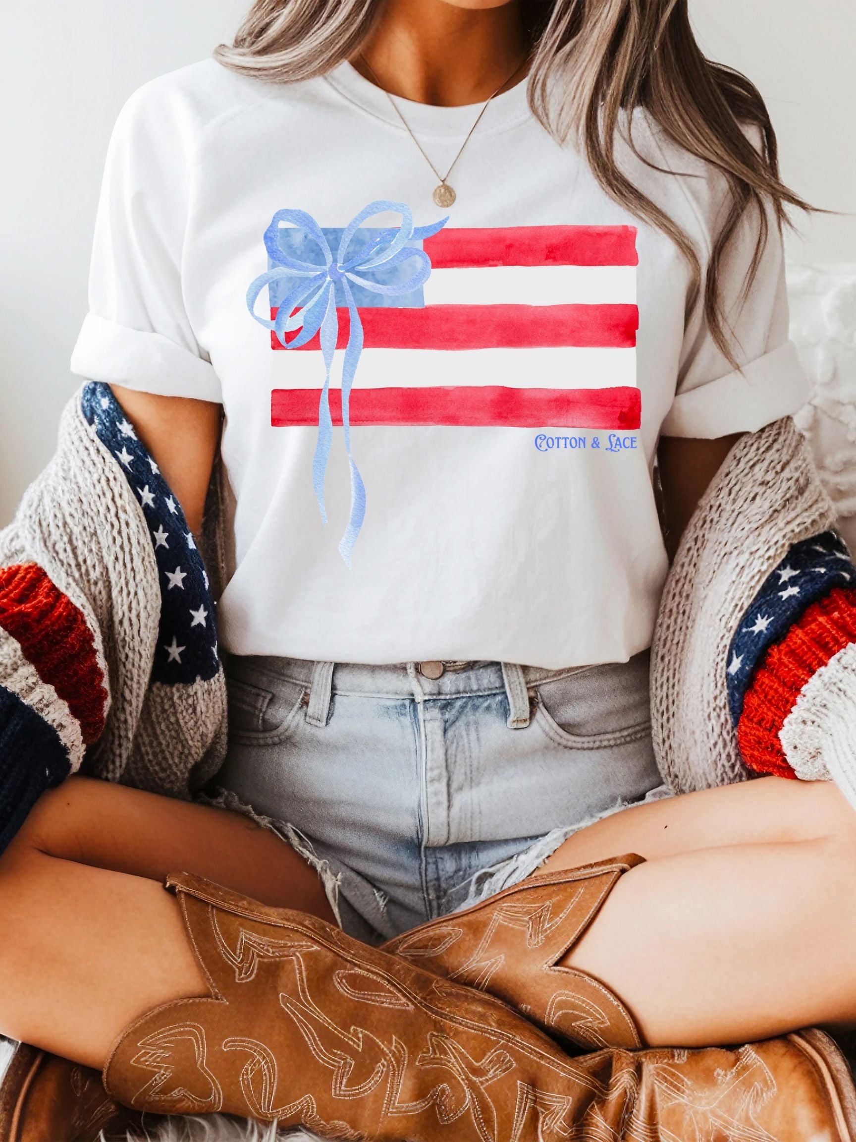 Comfort Colors Watercolor Flag With Bow