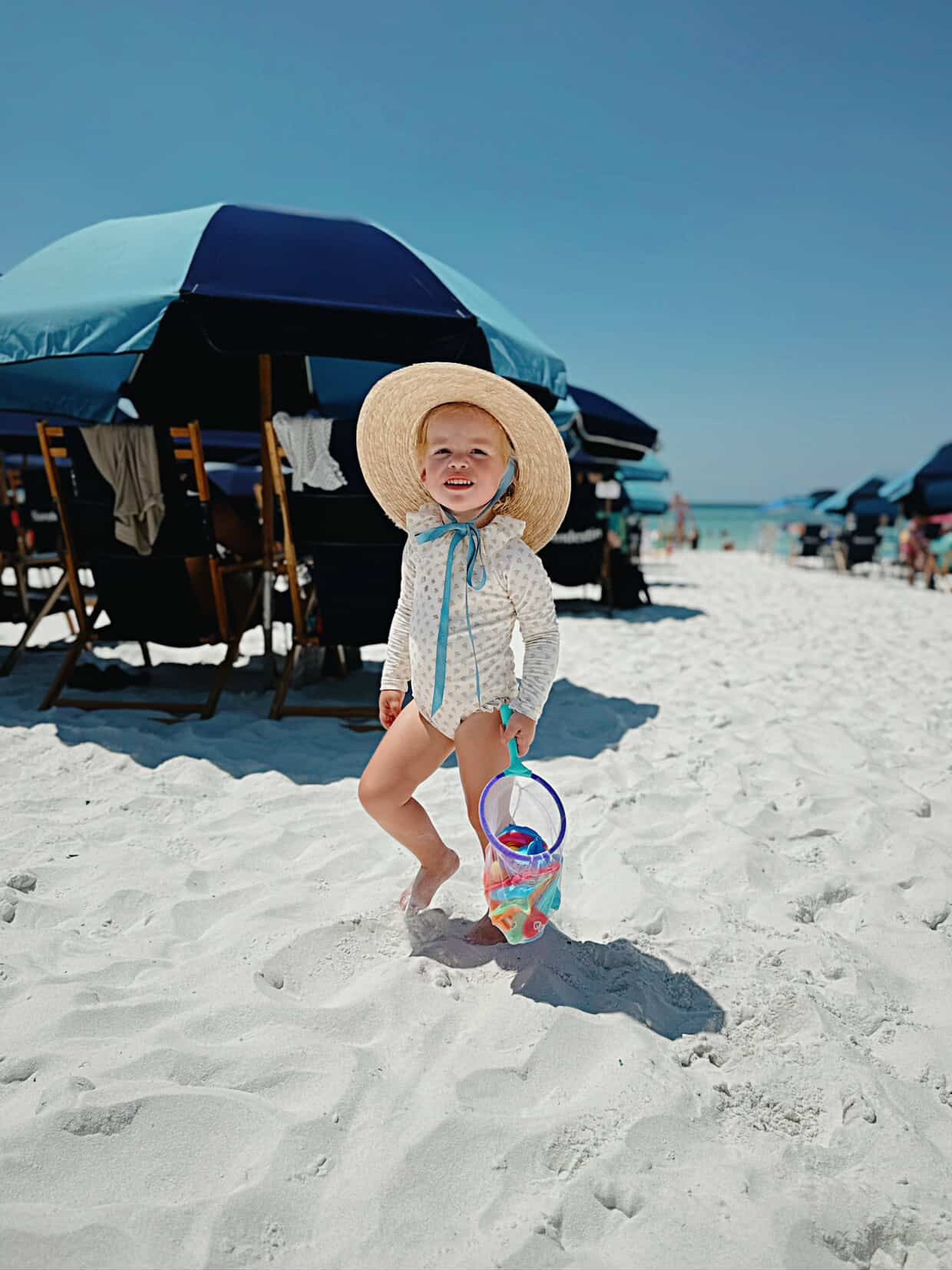 Petunia Girl's Sun Hat - Long French Blue Grosgrain Ribbon With Wood Nautical Toggle