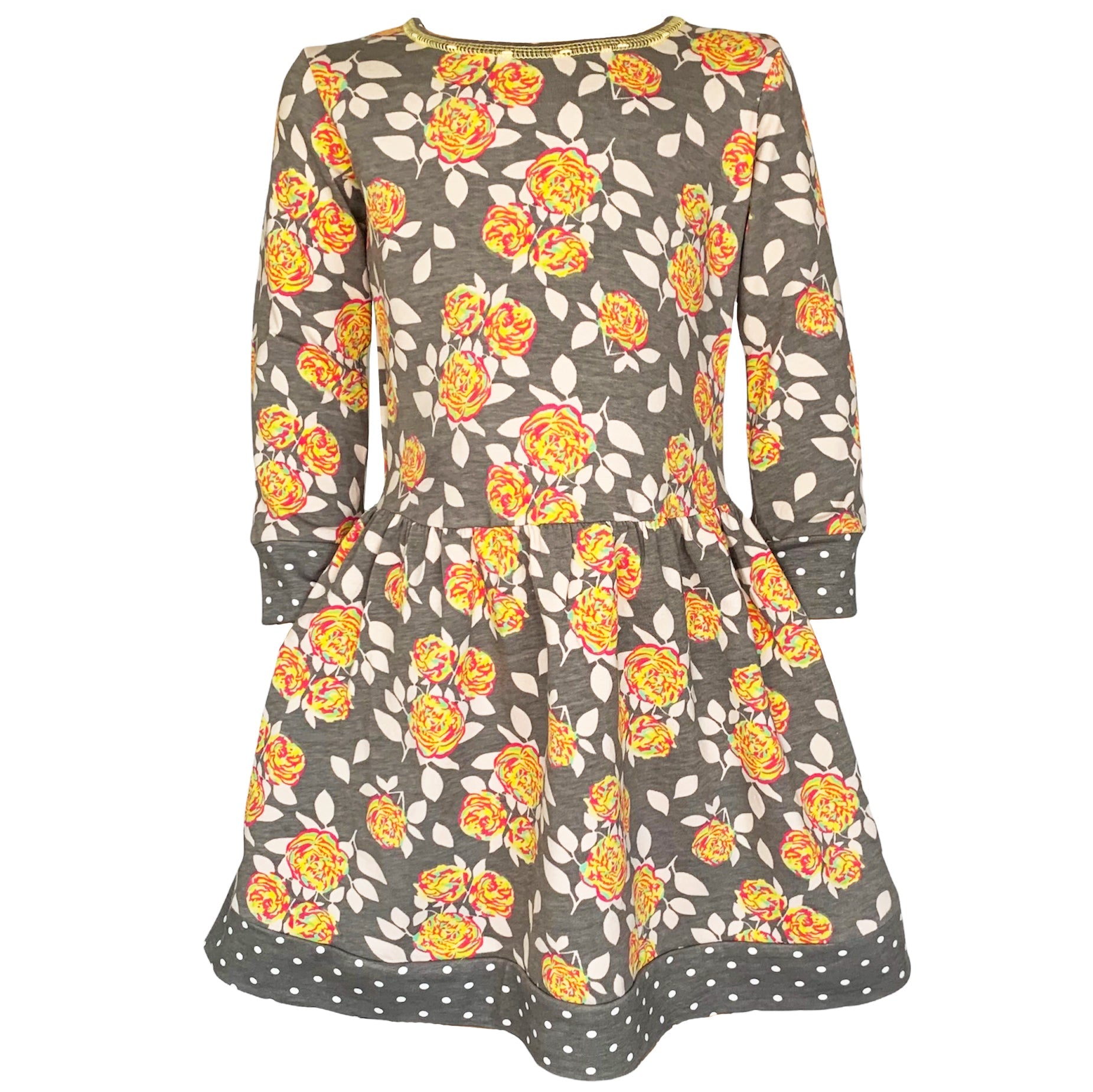 Annloren Girls Boutique Grey Peach Shabby Fall Floral Long Sleeve Cotton Dress